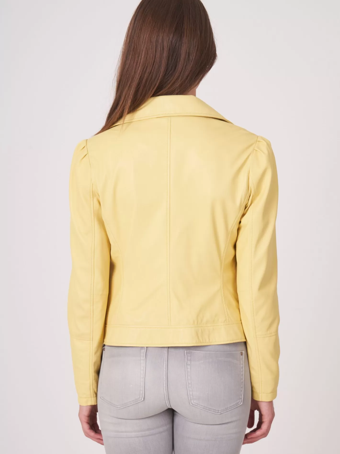 Leather<REPEAT cashmere Leather Biker Jacket With Puff Shoulders Lemonade