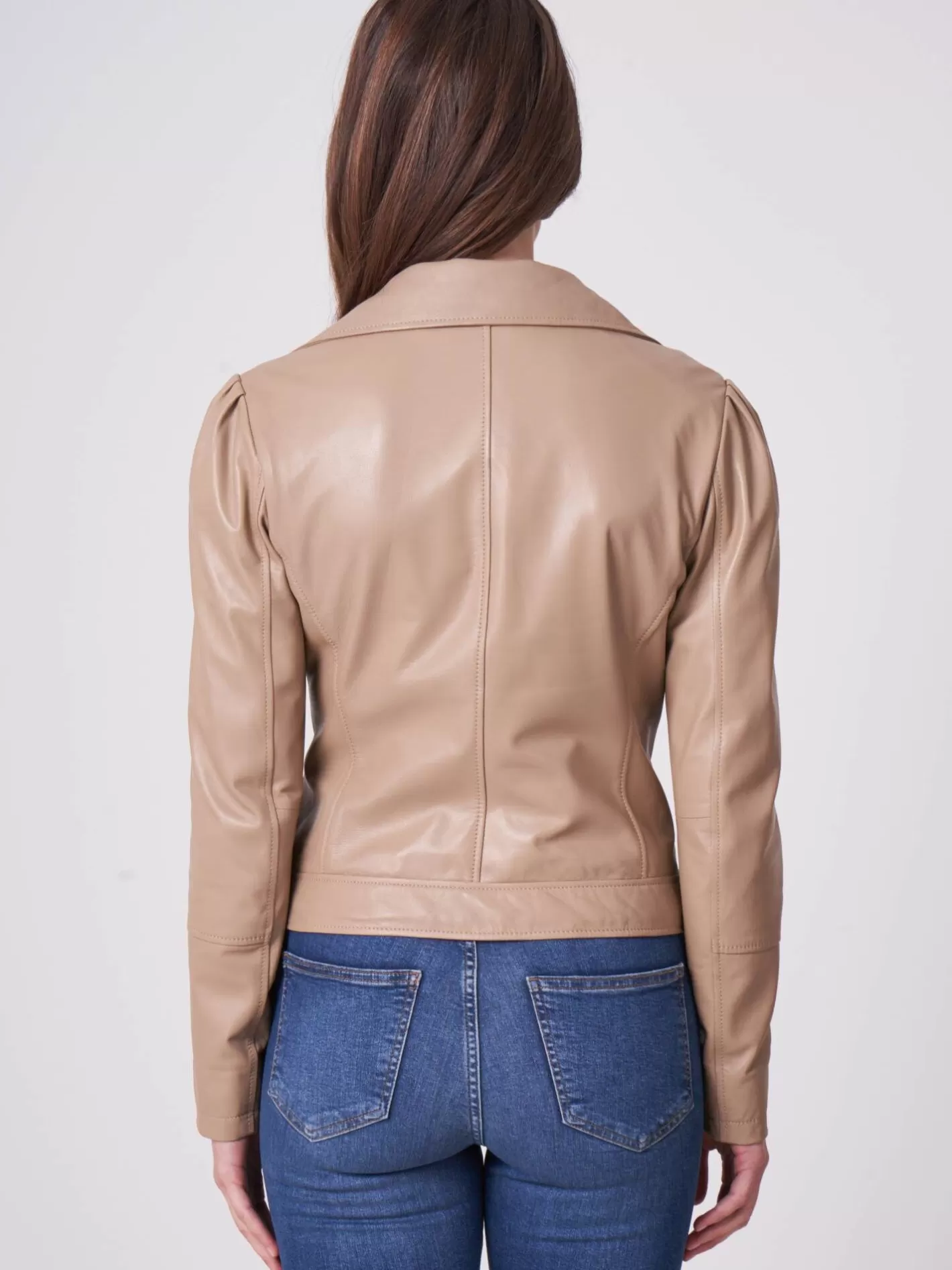 Leather<REPEAT cashmere Leather Biker Jacket With Puff Shoulders Nougat