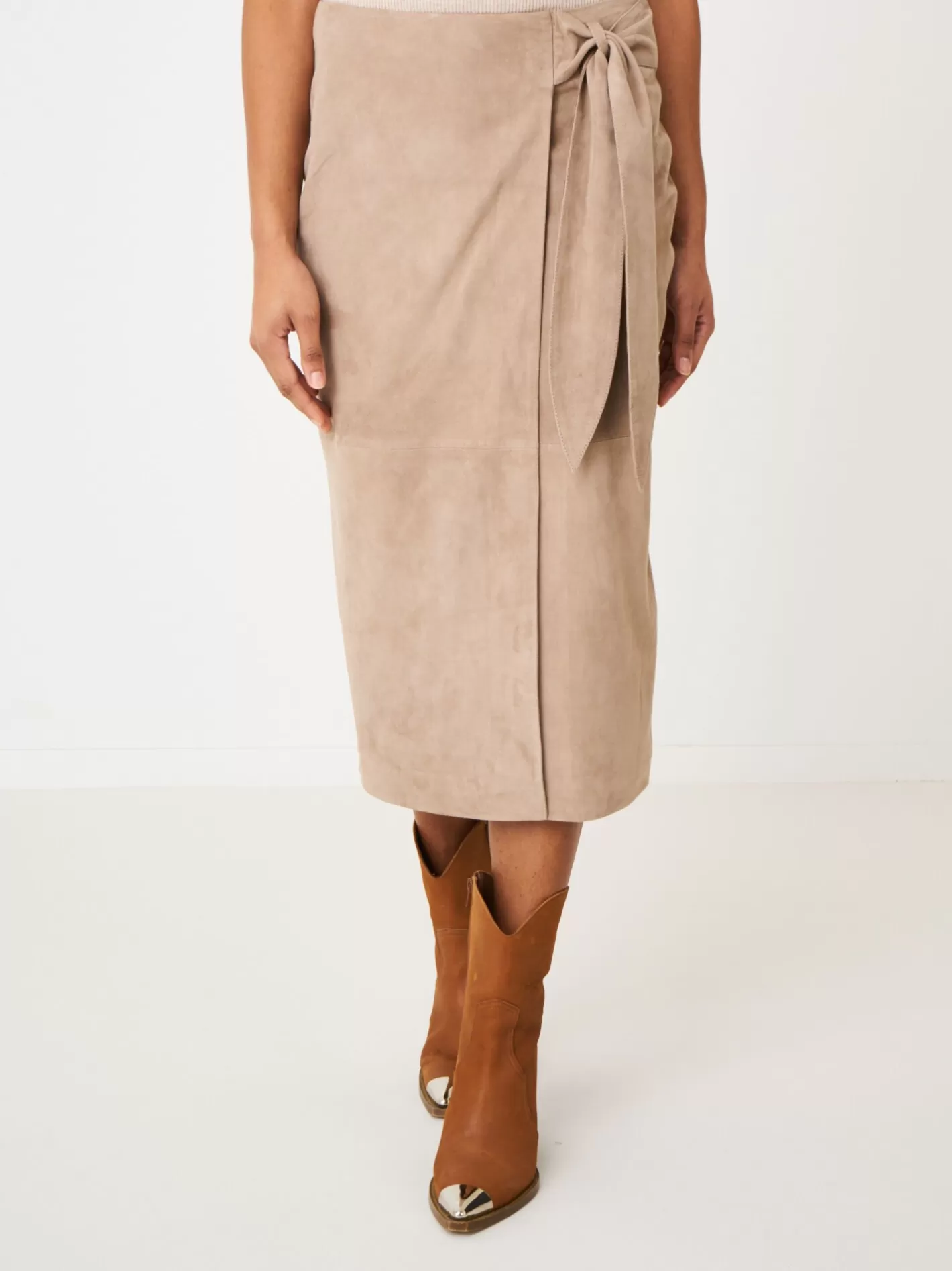 Leather<REPEAT cashmere Leather Wrap Front Skirt Taupe