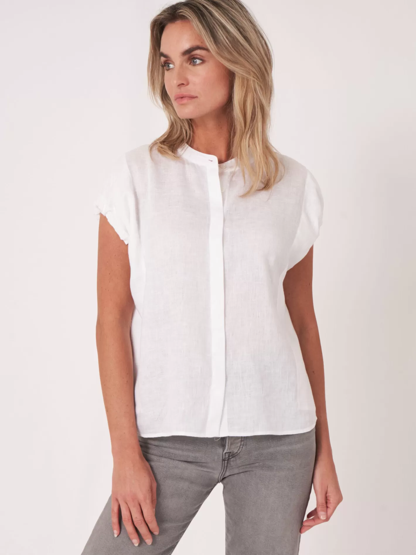 Blouses<REPEAT cashmere Linen Blouse With Drawstring Detail White