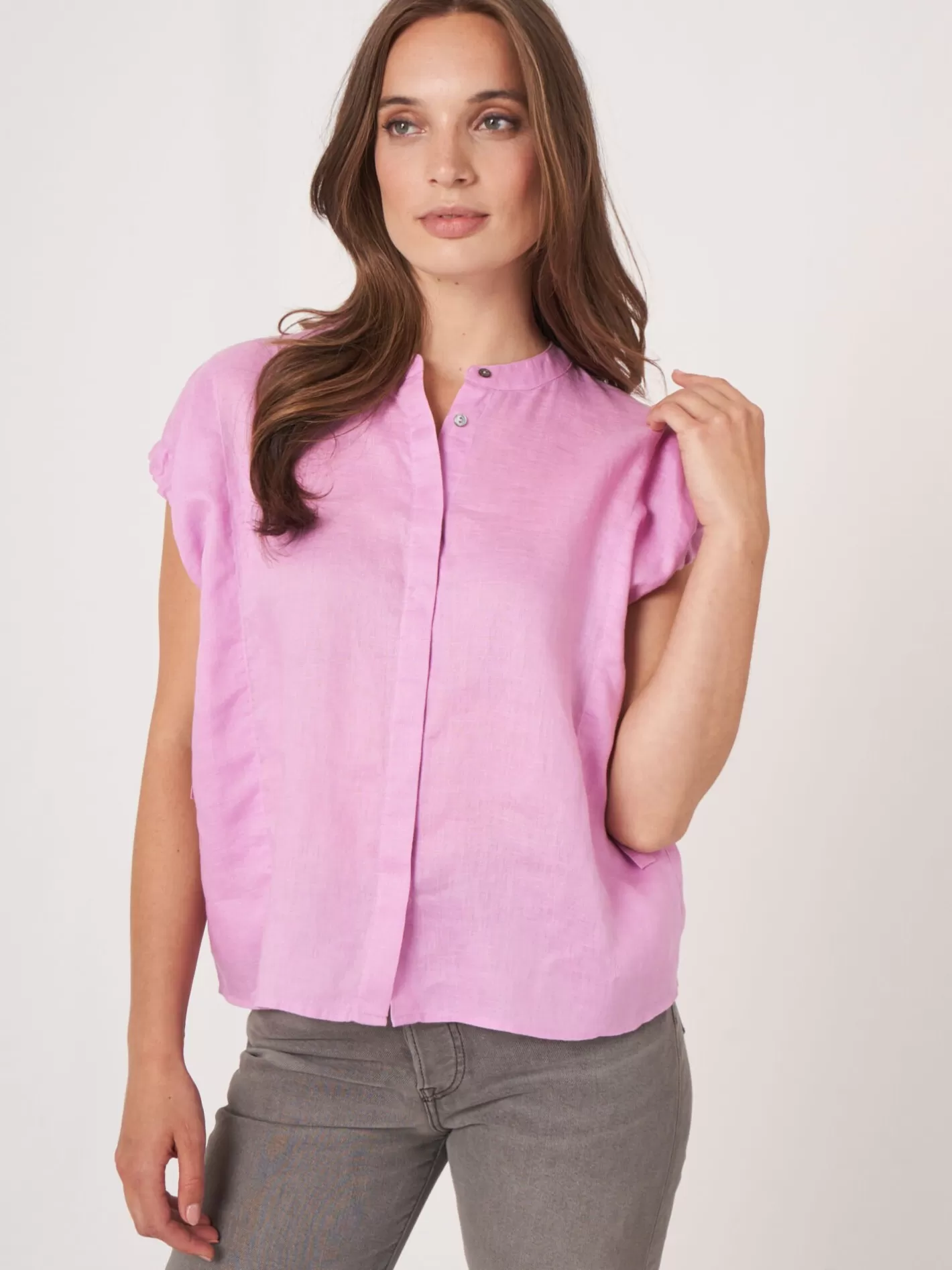 Blouses<REPEAT cashmere Linen Blouse With Drawstring Detail Orchid