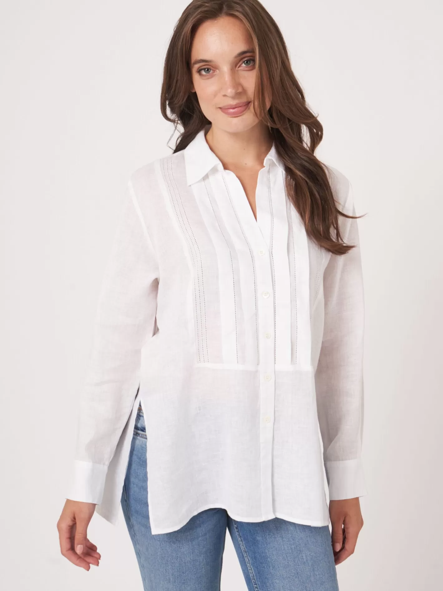 Blouses<REPEAT cashmere Linen Shirt With Ruffle White