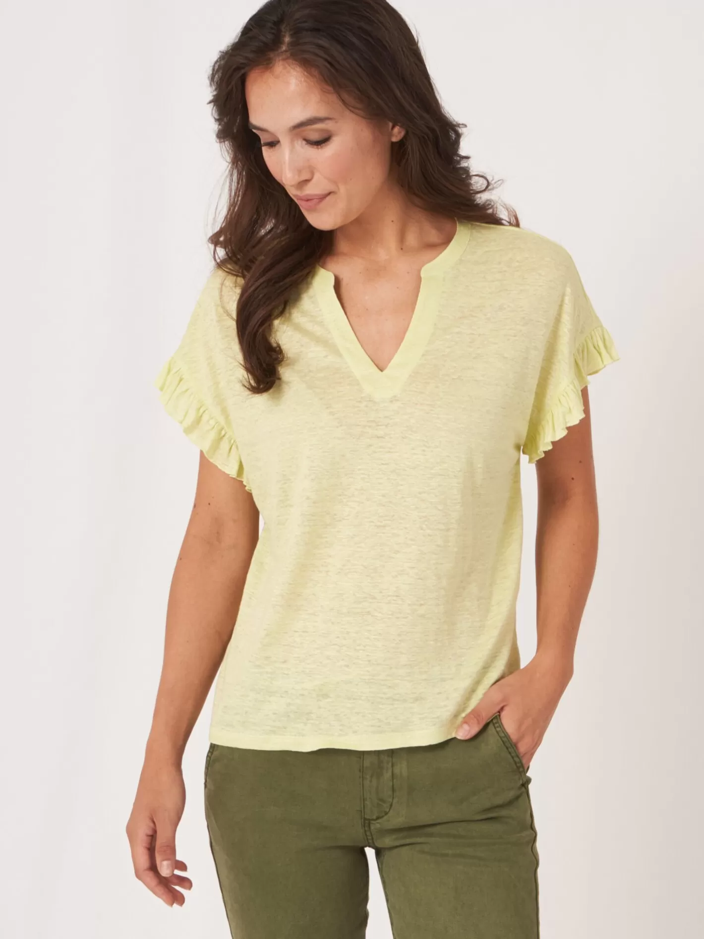 Tops<REPEAT cashmere Linen Top With Ruffle Soda