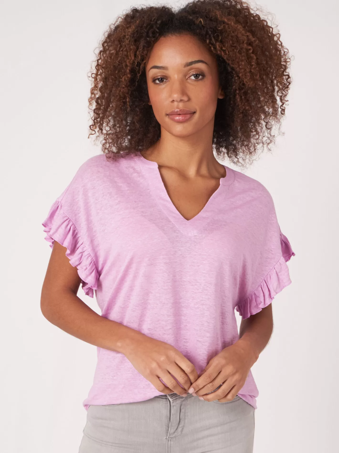 Tops<REPEAT cashmere Linen Top With Ruffle Orchid