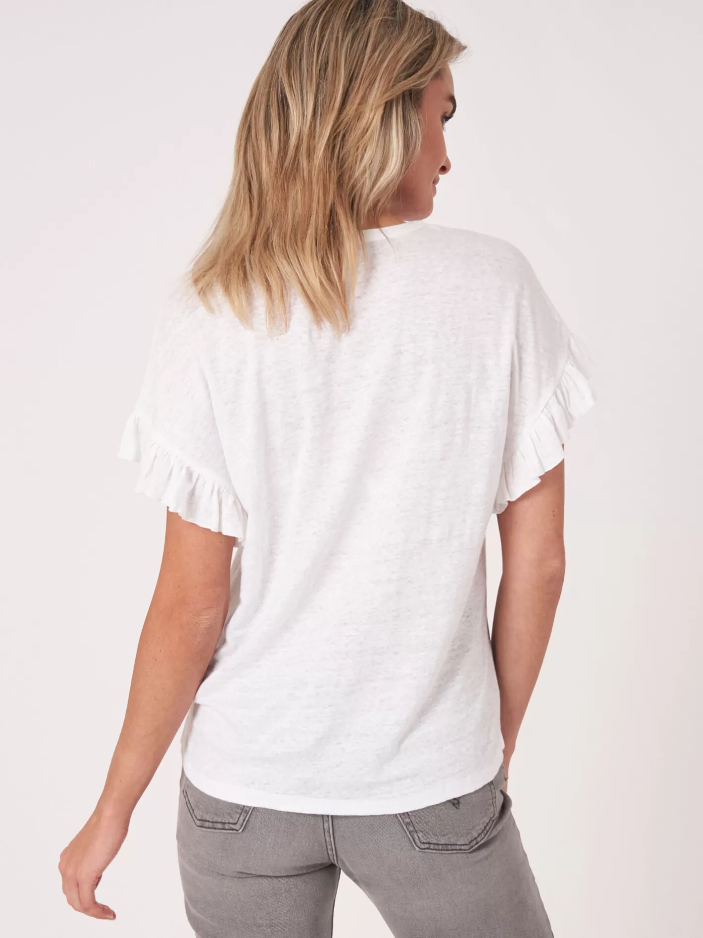 Tops<REPEAT cashmere Linen Top With Ruffle White