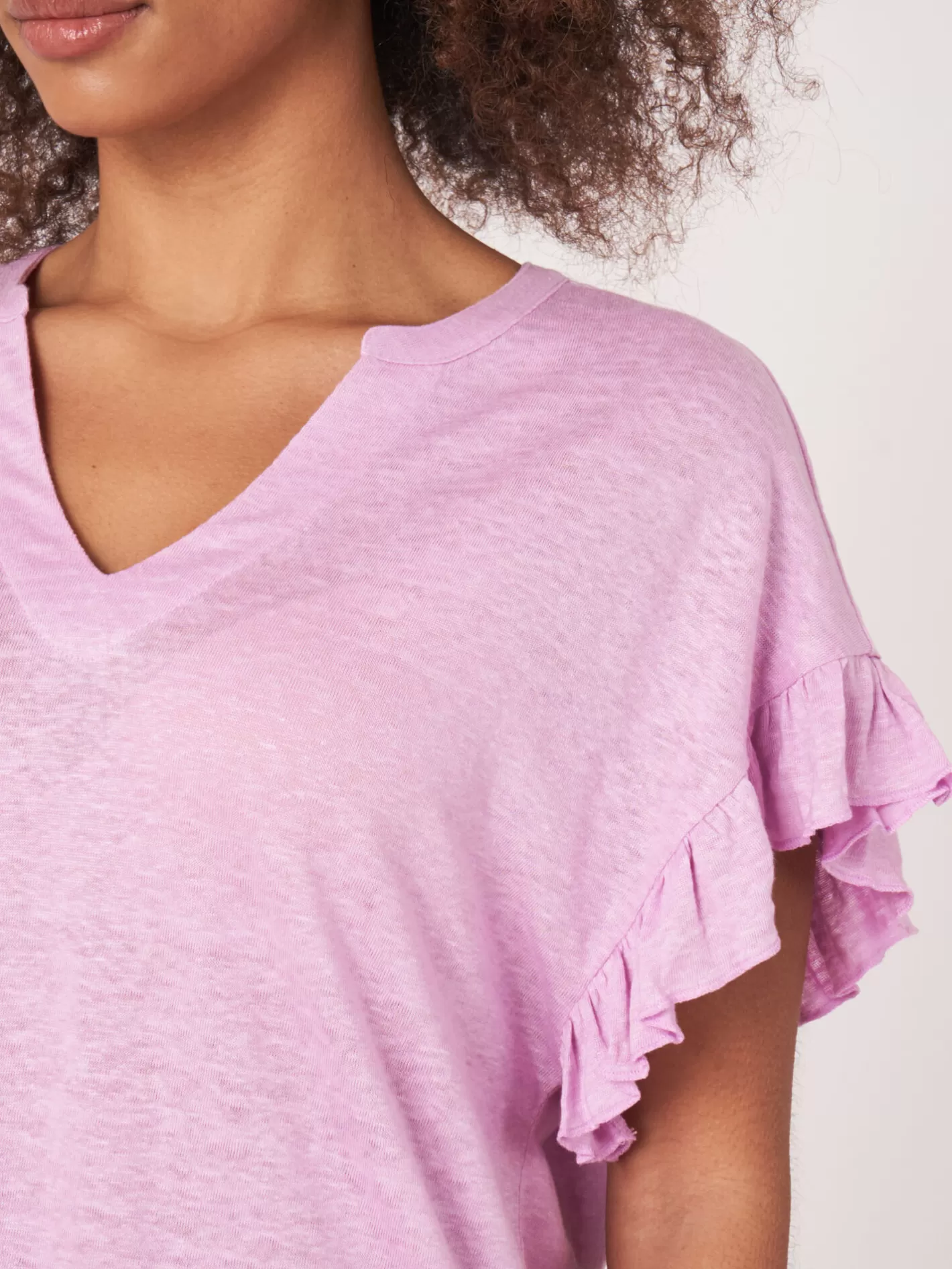 Tops<REPEAT cashmere Linen Top With Ruffle Orchid