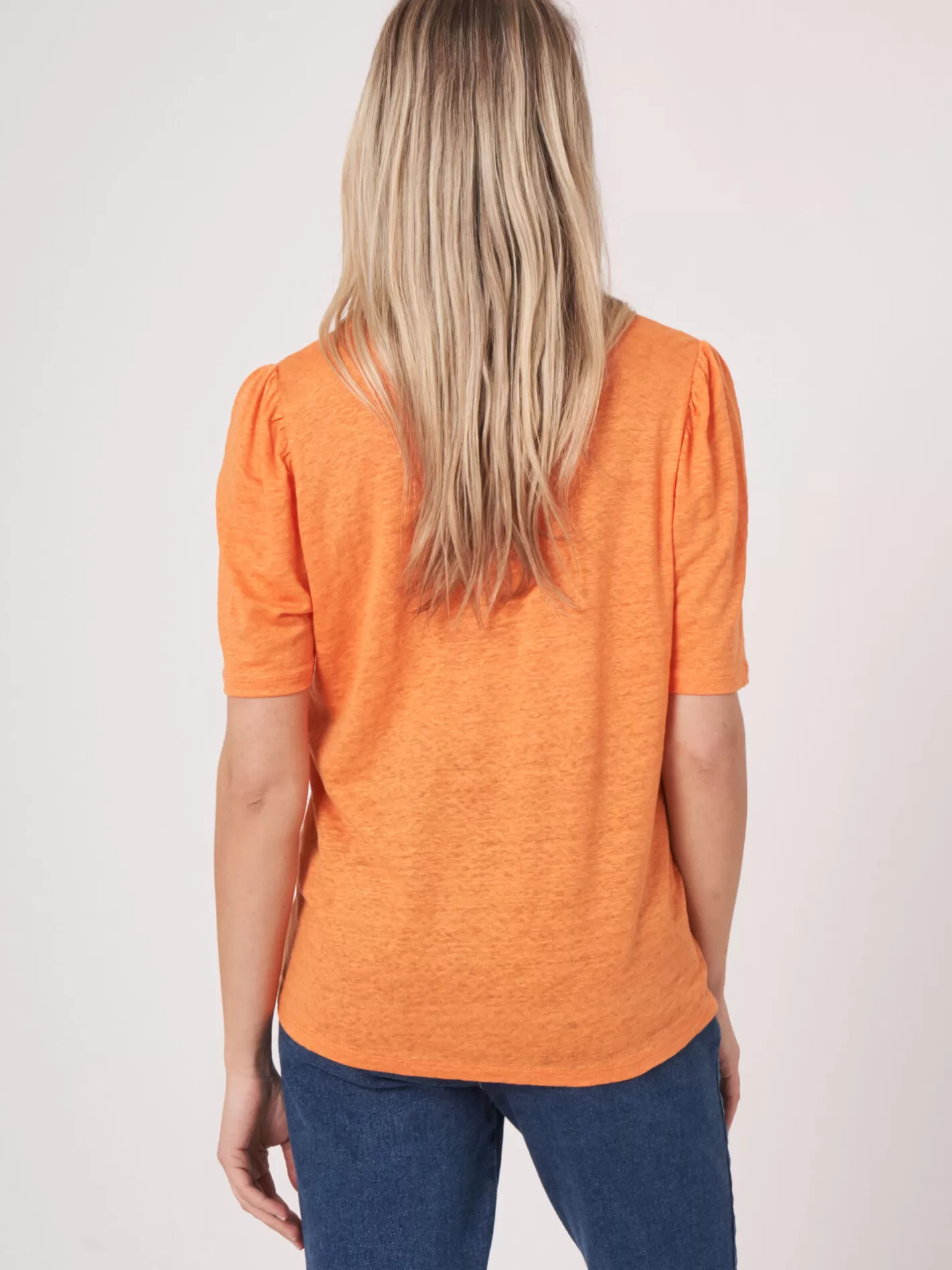 Tops<REPEAT cashmere Linen T-Shirt With Round Neckline With Slit Papaya