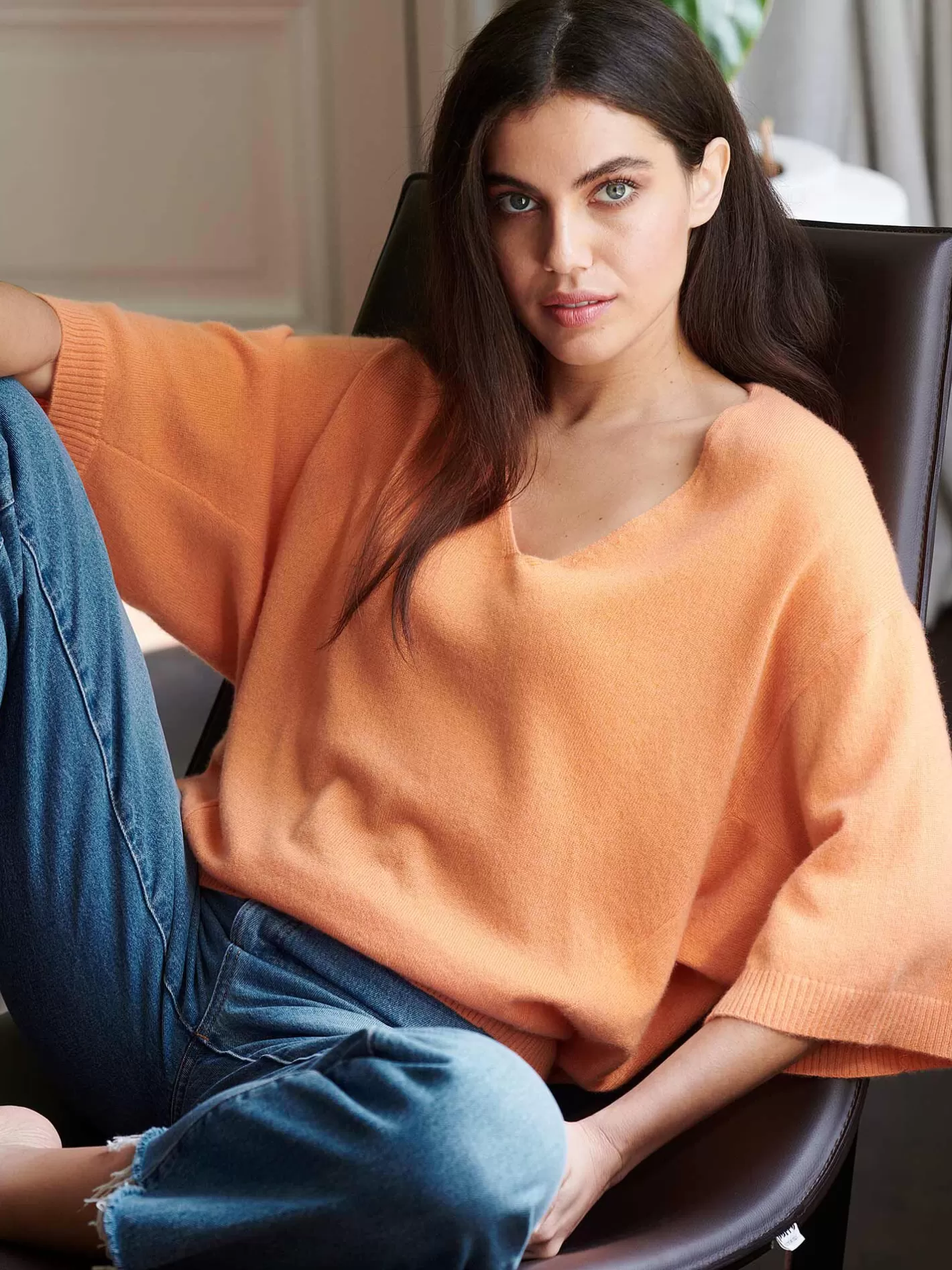 Organic Cashmere<REPEAT cashmere Loose Fit Cashmere Sweater With Short Batwing Sleeves Papaya