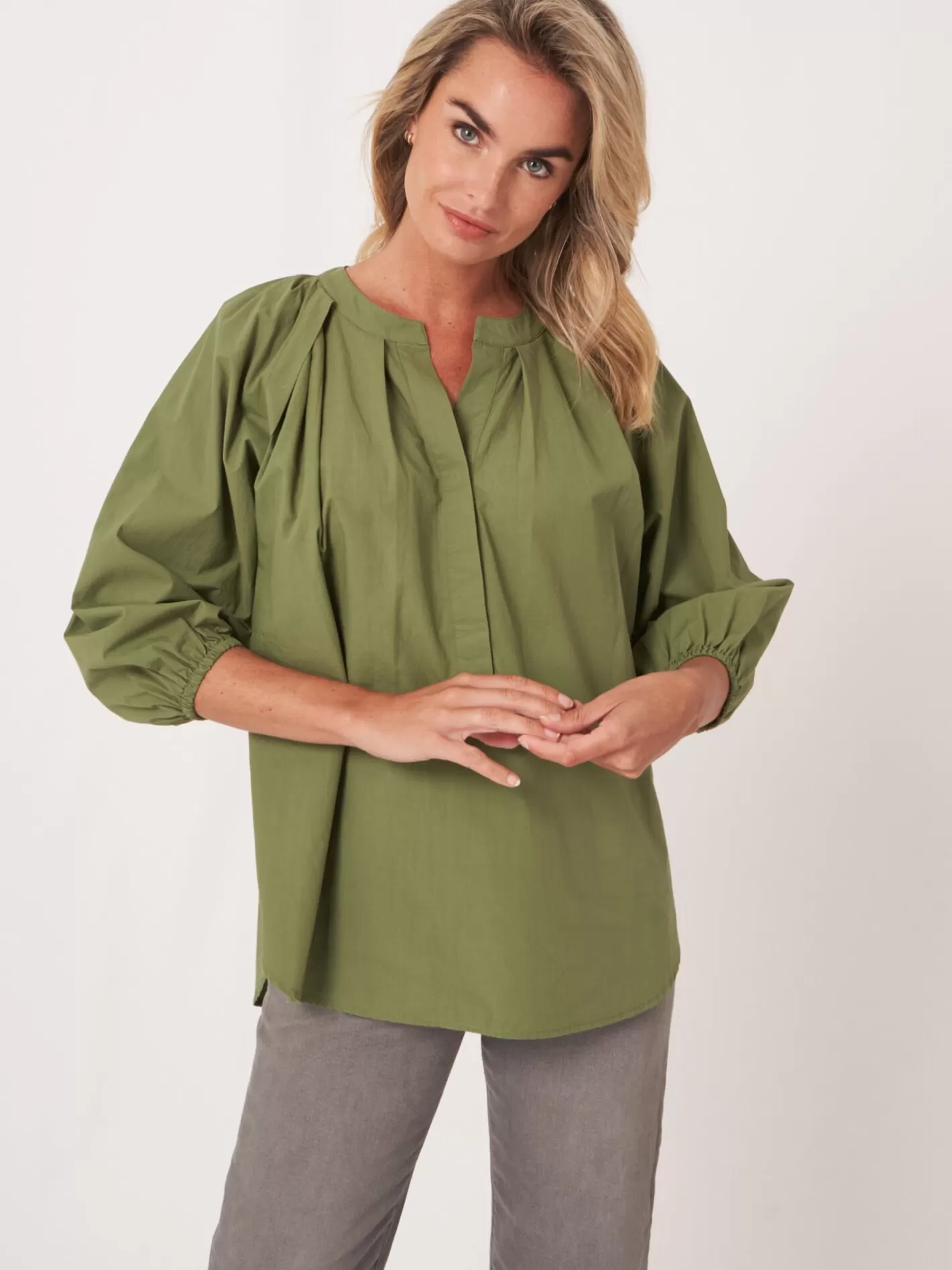 Blouses<REPEAT cashmere Loose Fit Cotton Blouse With 3/4 Raglan Puff Sleeves Matcha