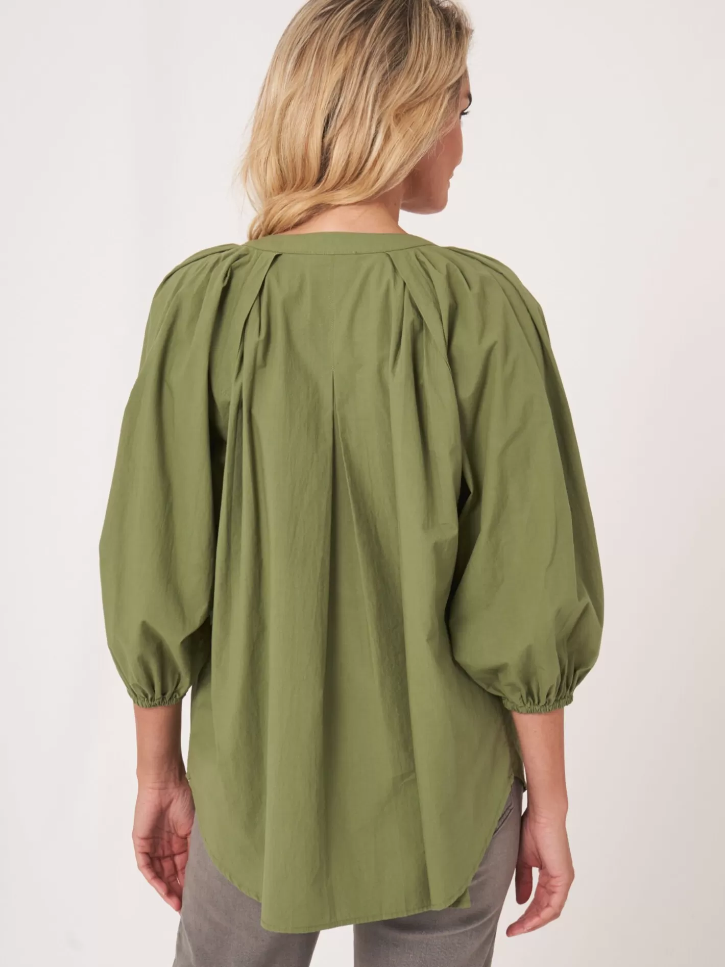 Blouses<REPEAT cashmere Loose Fit Cotton Blouse With 3/4 Raglan Puff Sleeves Matcha