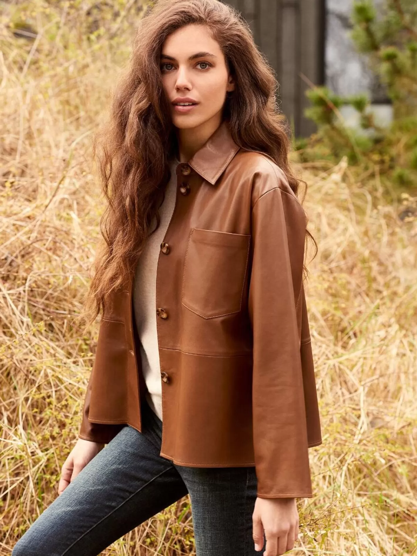 Leather<REPEAT cashmere Loose Fit Leather Shirt Jacket Hazel