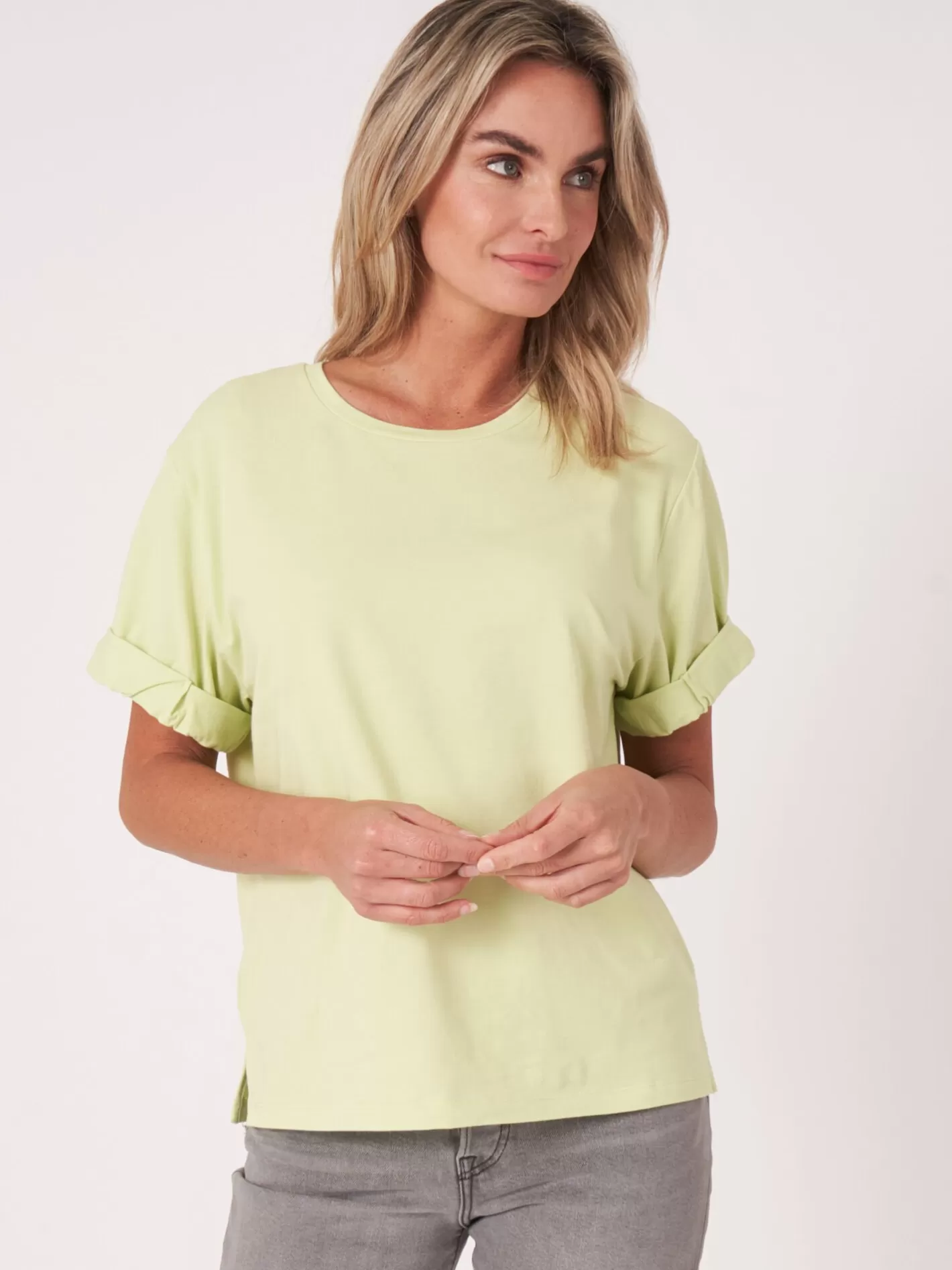 Tops<REPEAT cashmere Loose Fit T-Shirt With Rolled Up Sleeves Soda