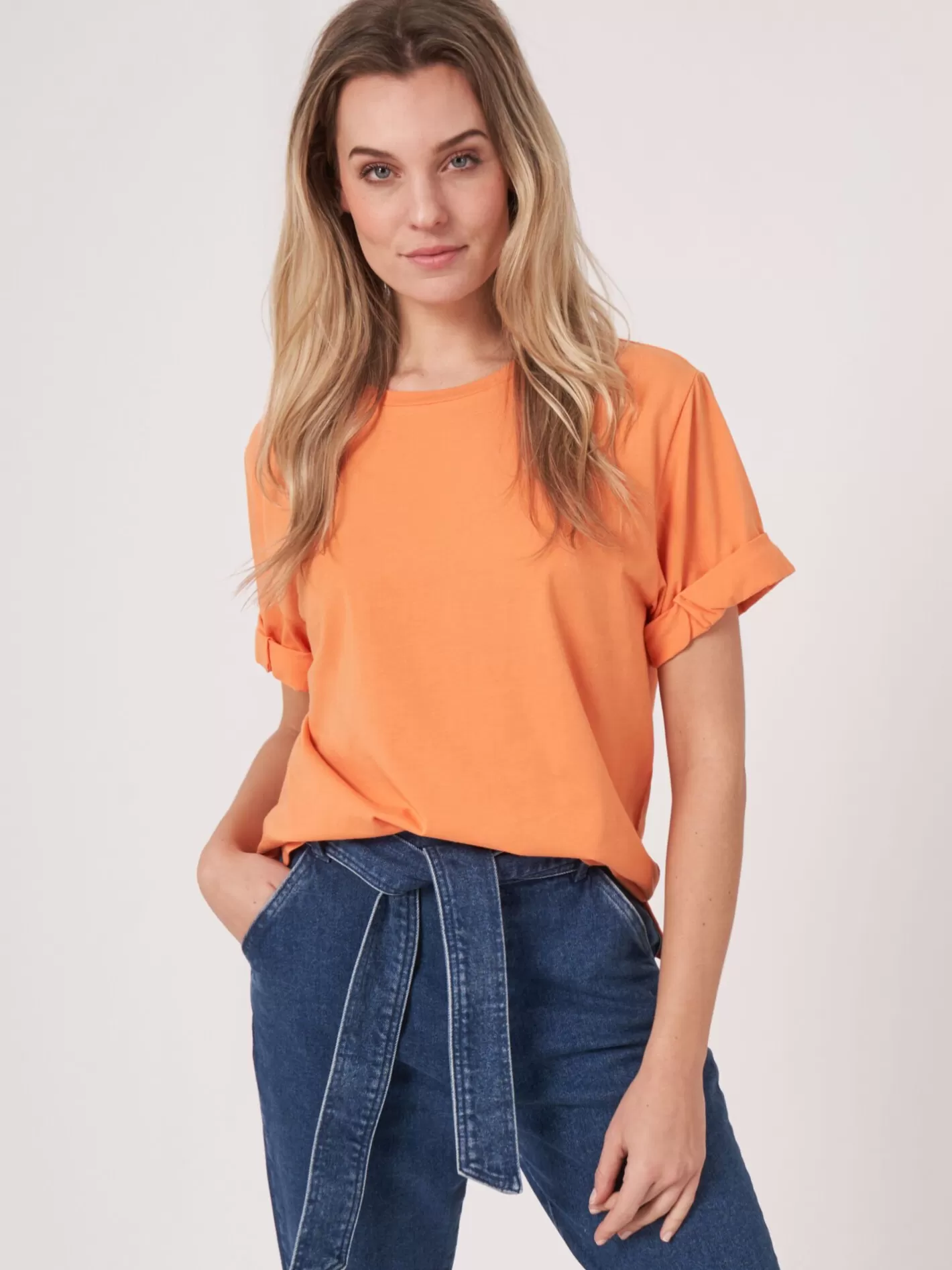 Tops<REPEAT cashmere Loose Fit T-Shirt With Rolled Up Sleeves Papaya