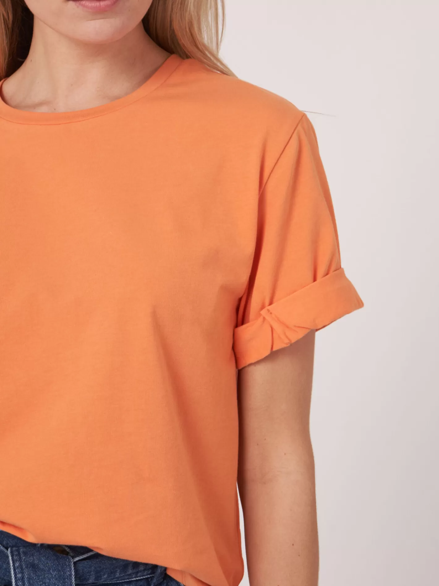 Tops<REPEAT cashmere Loose Fit T-Shirt With Rolled Up Sleeves Papaya