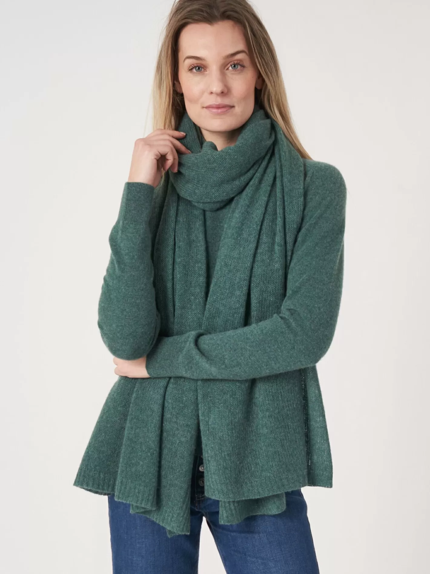 Scarves<REPEAT cashmere Loose Knit Organic Cashmere Scarf With Rib Details Kelp