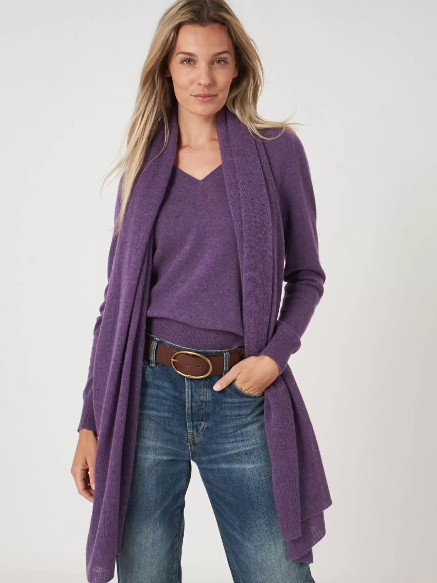 Scarves<REPEAT cashmere Loose Knit Organic Cashmere Scarf With Rib Details Amethyst