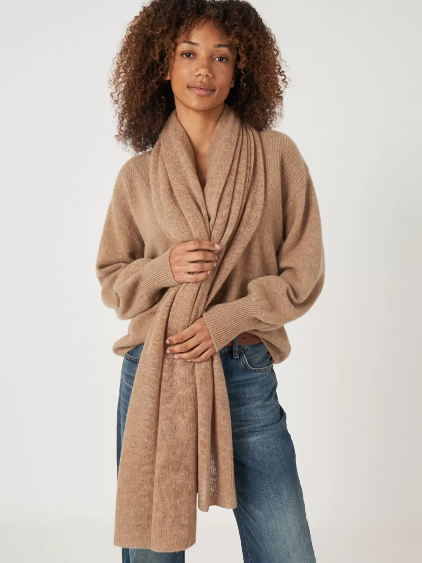 Scarves<REPEAT cashmere Loose Knit Organic Cashmere Scarf With Rib Details Camel