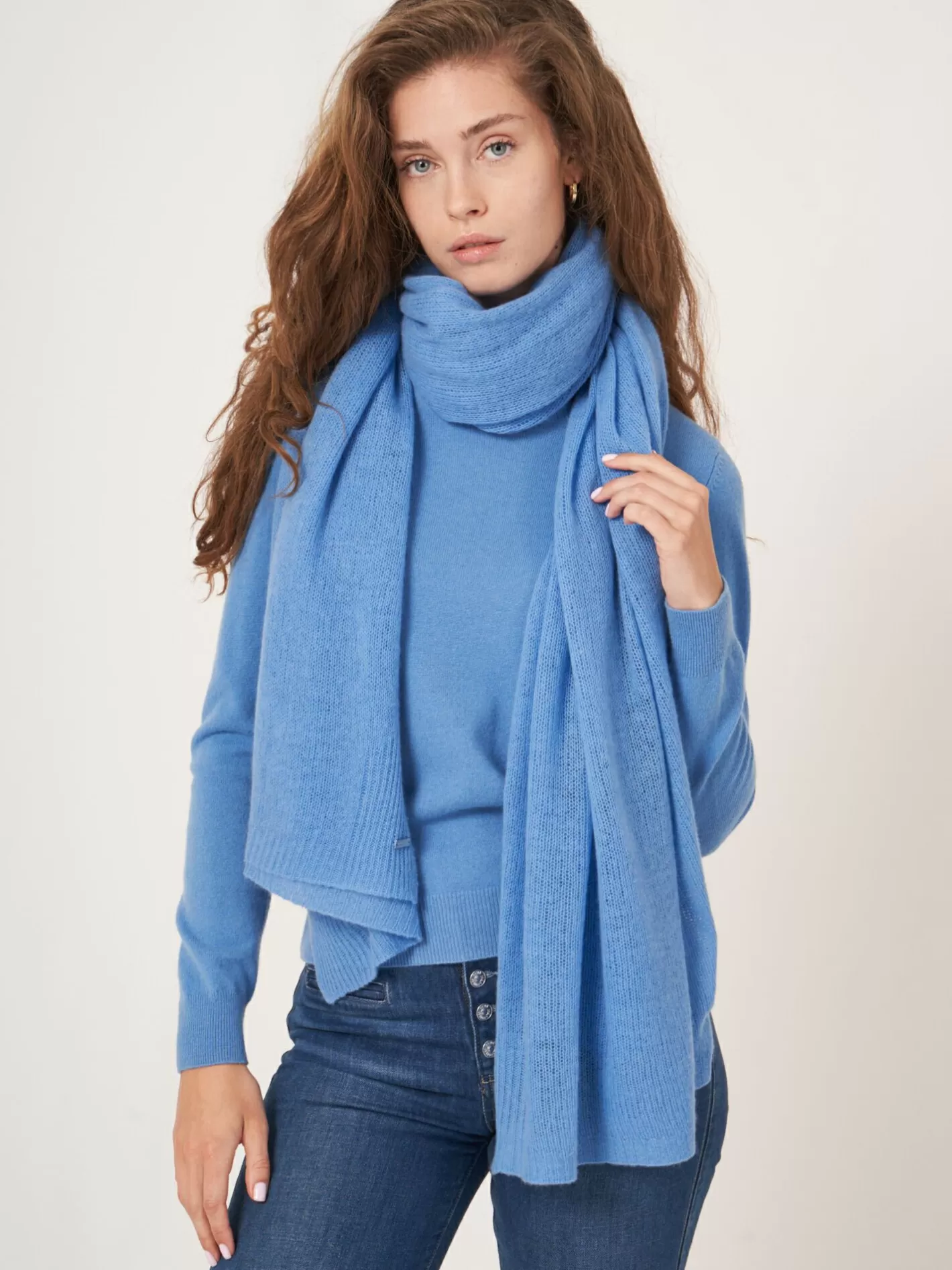 Scarves<REPEAT cashmere Loose Knit Organic Cashmere Scarf With Rib Details Sky