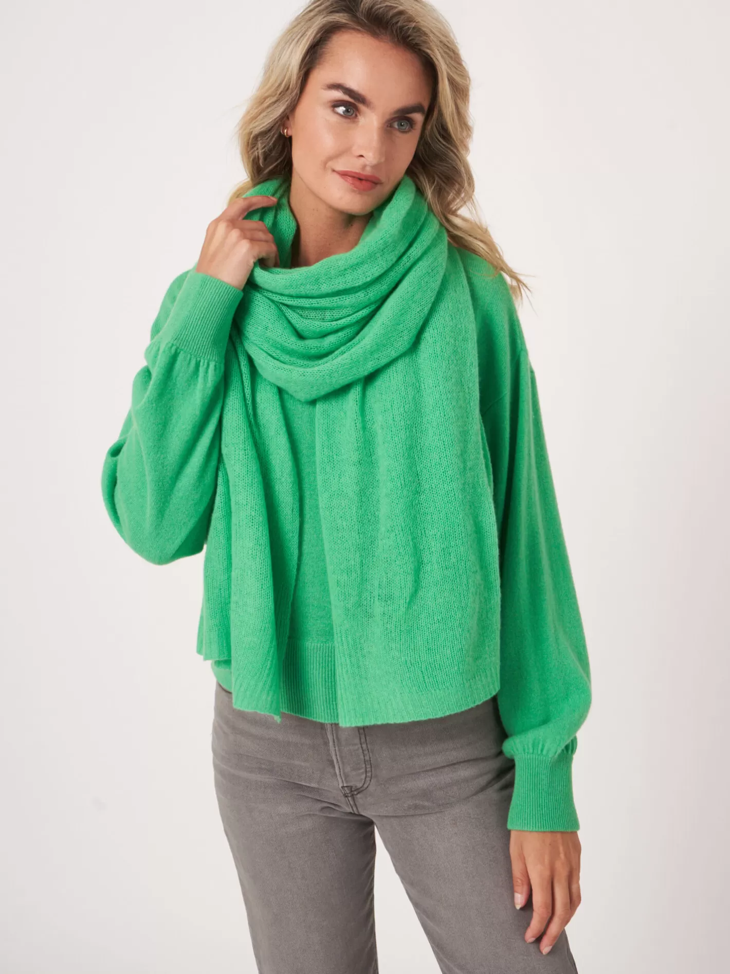 Organic Cashmere<REPEAT cashmere Loose Knit Organic Cashmere Scarf With Rib Details Basil