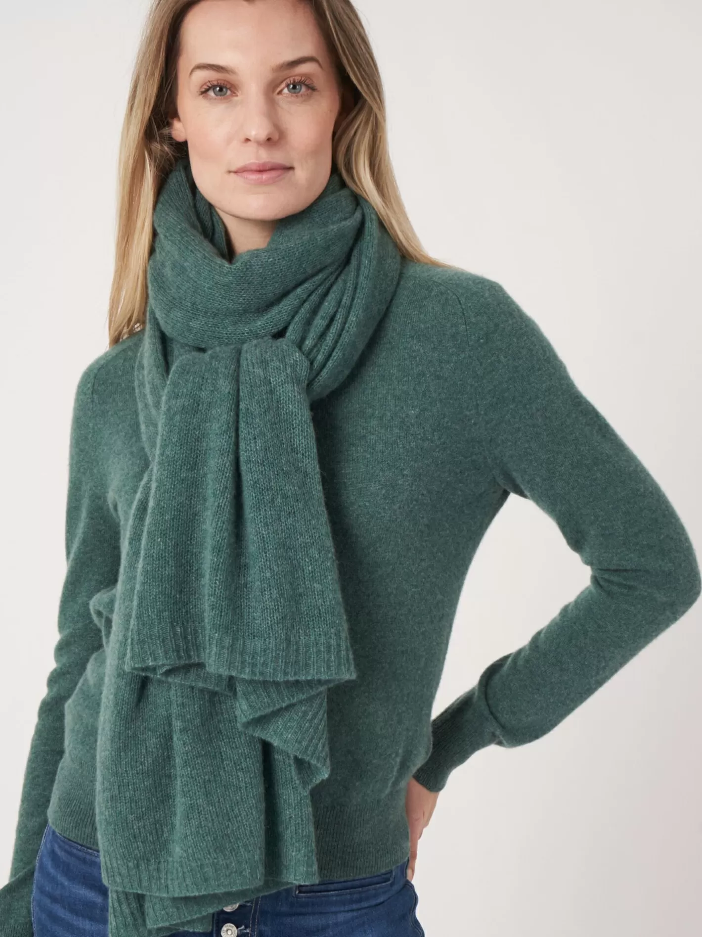 Scarves<REPEAT cashmere Loose Knit Organic Cashmere Scarf With Rib Details Kelp