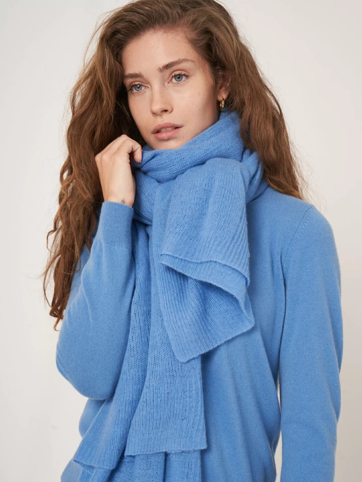 Scarves<REPEAT cashmere Loose Knit Organic Cashmere Scarf With Rib Details Sky