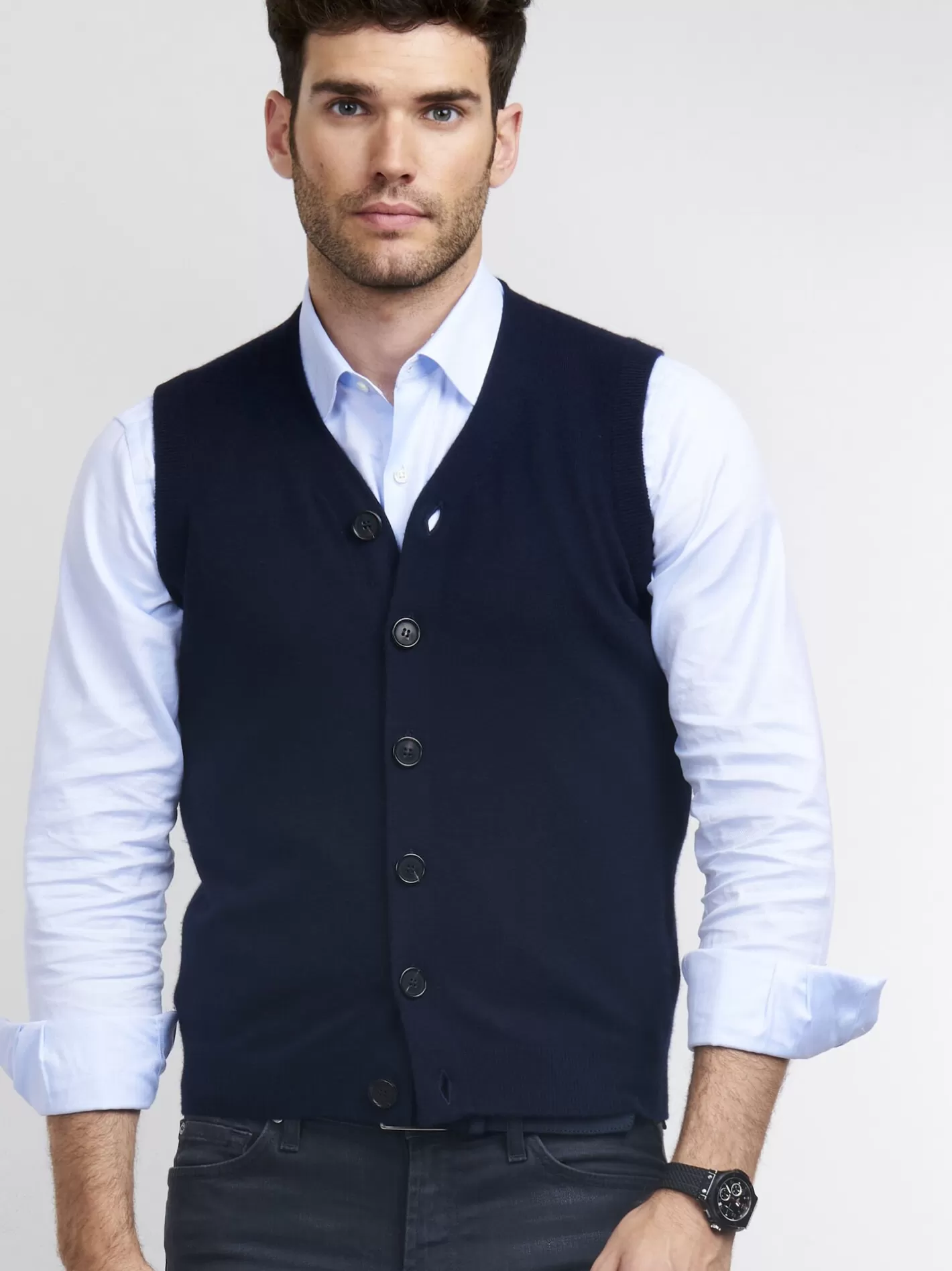 Cardigans<REPEAT cashmere Men's Buttoned Sweater Vest Black/Lt Grey