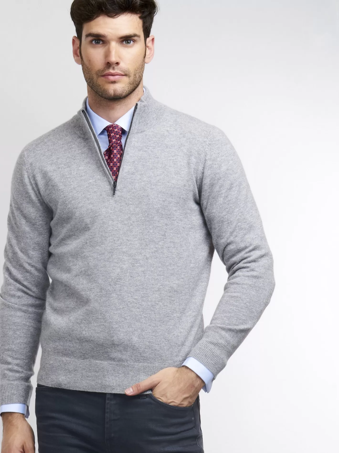 Sweaters<REPEAT cashmere Men's Cashmere Half-Zip Sweater Light Grey