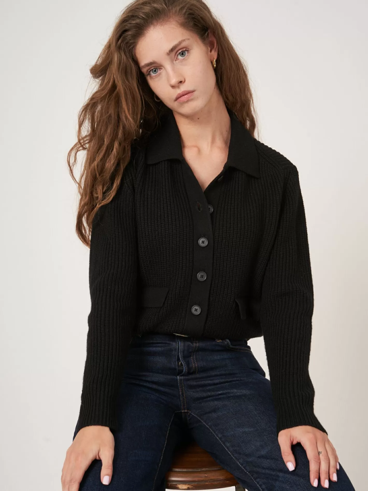 Cardigans<REPEAT cashmere Merino Wool Rib Knit Cardigan With Polo Neck Black