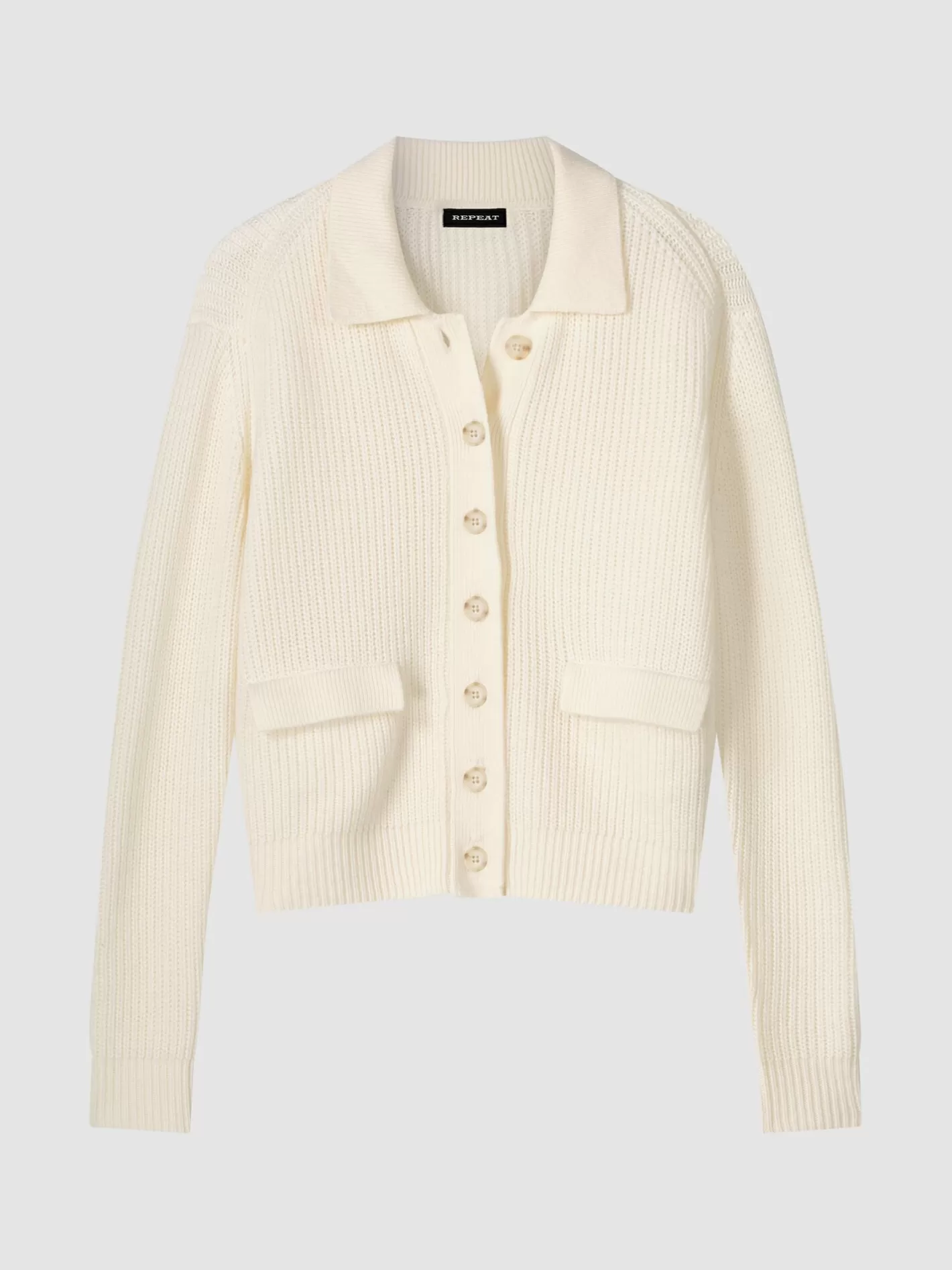 Cardigans<REPEAT cashmere Merino Wool Rib Knit Cardigan With Polo Neck Cream