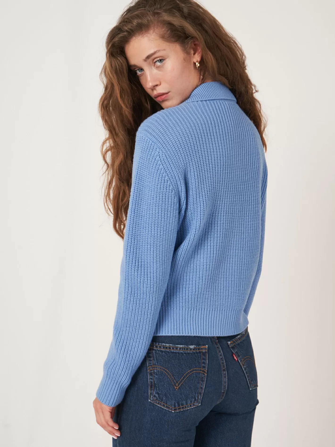 Cardigans<REPEAT cashmere Merino Wool Rib Knit Cardigan With Polo Neck Sky