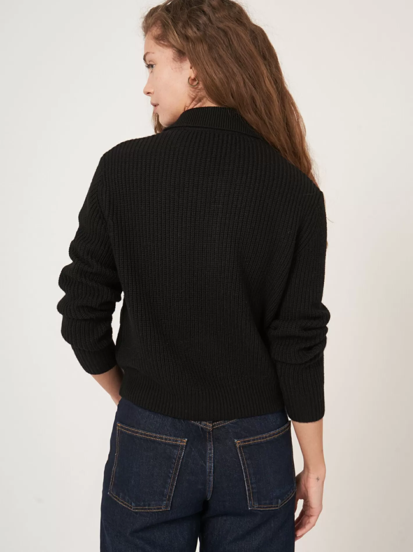 Cardigans<REPEAT cashmere Merino Wool Rib Knit Cardigan With Polo Neck Black