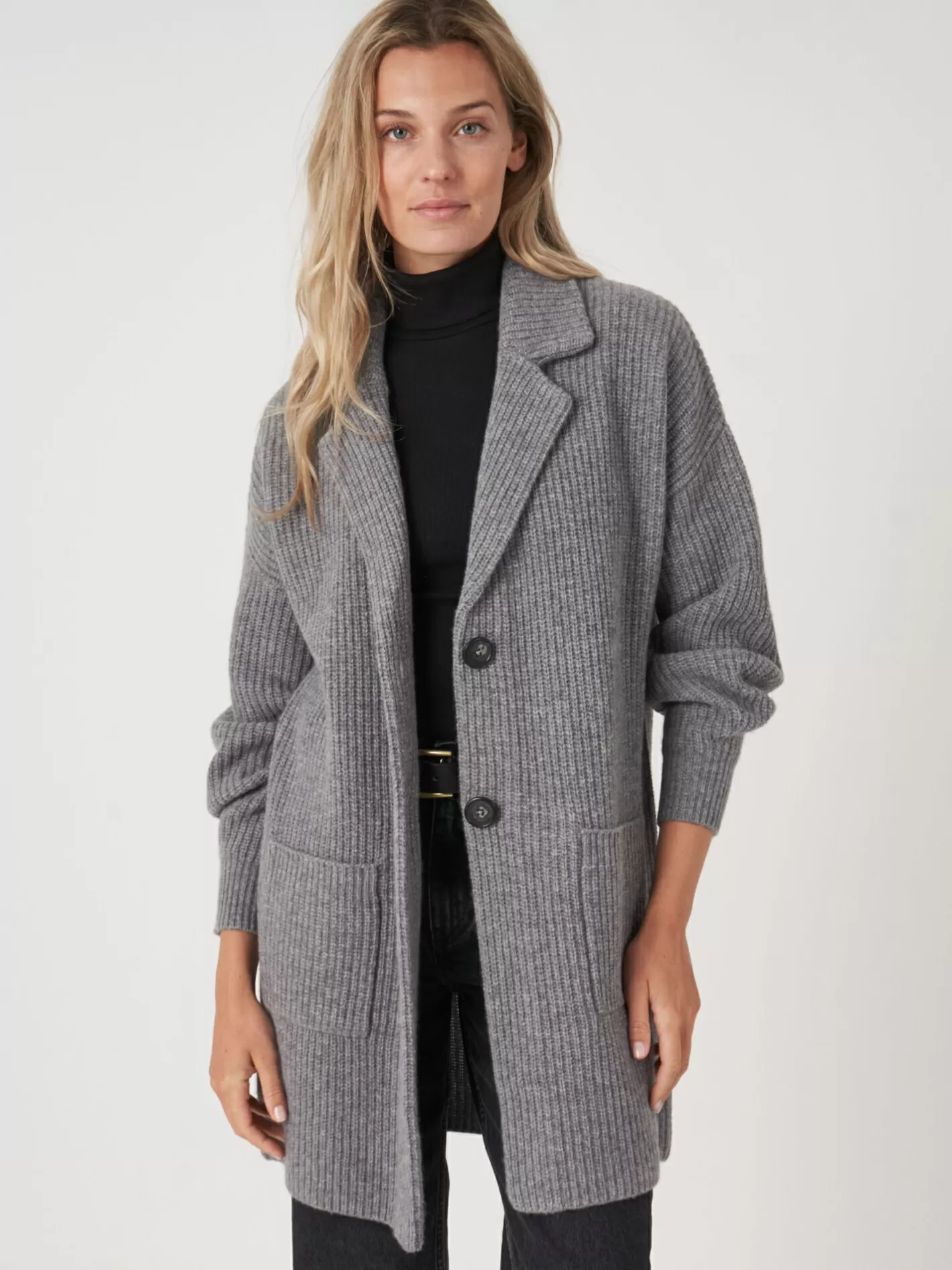 Cardigans<REPEAT cashmere Mid-Length Rib Knit Cardigan With Lapel Collar Grey