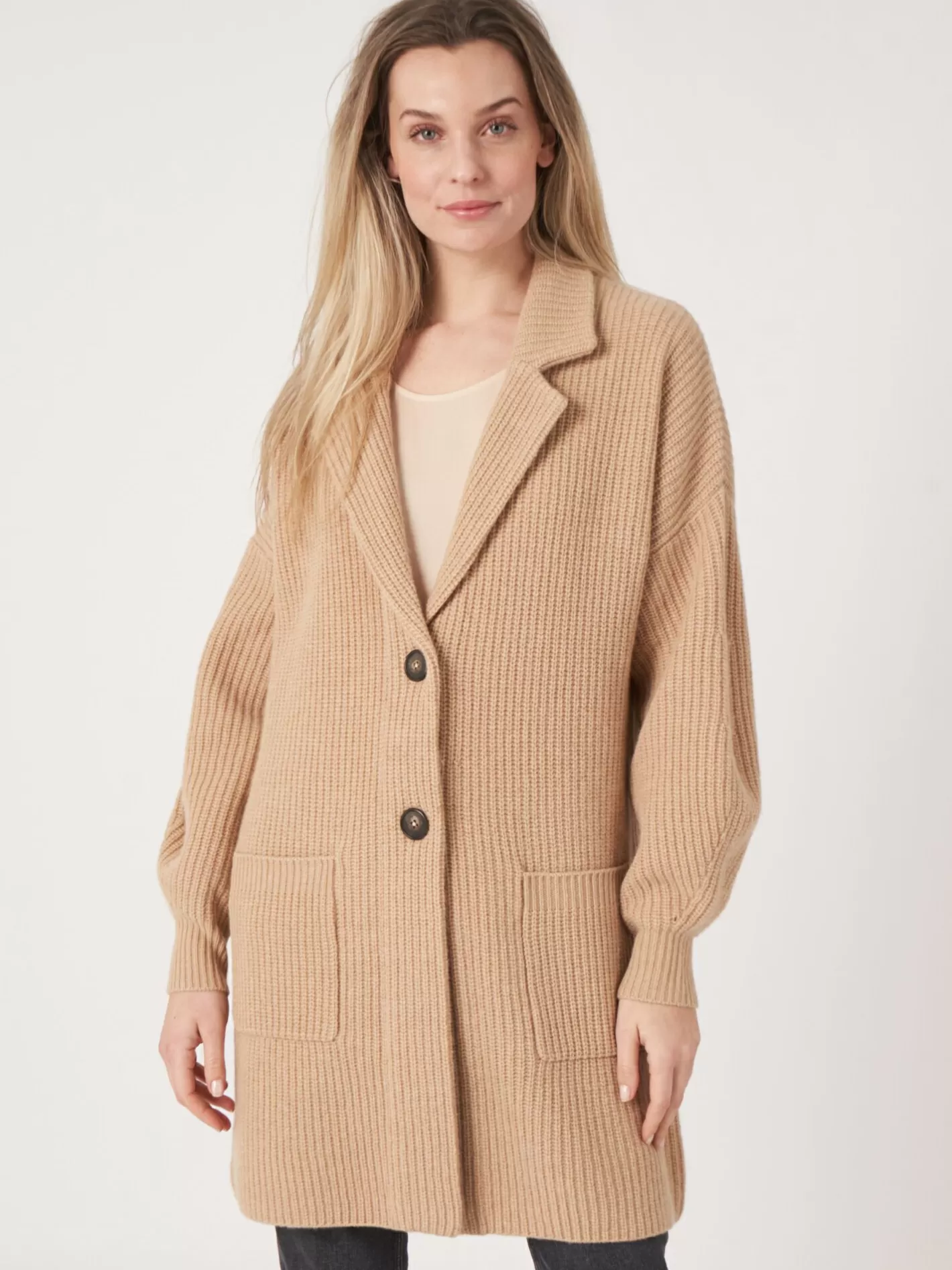 Cardigans<REPEAT cashmere Mid-Length Rib Knit Cardigan With Lapel Collar Lt. Camel