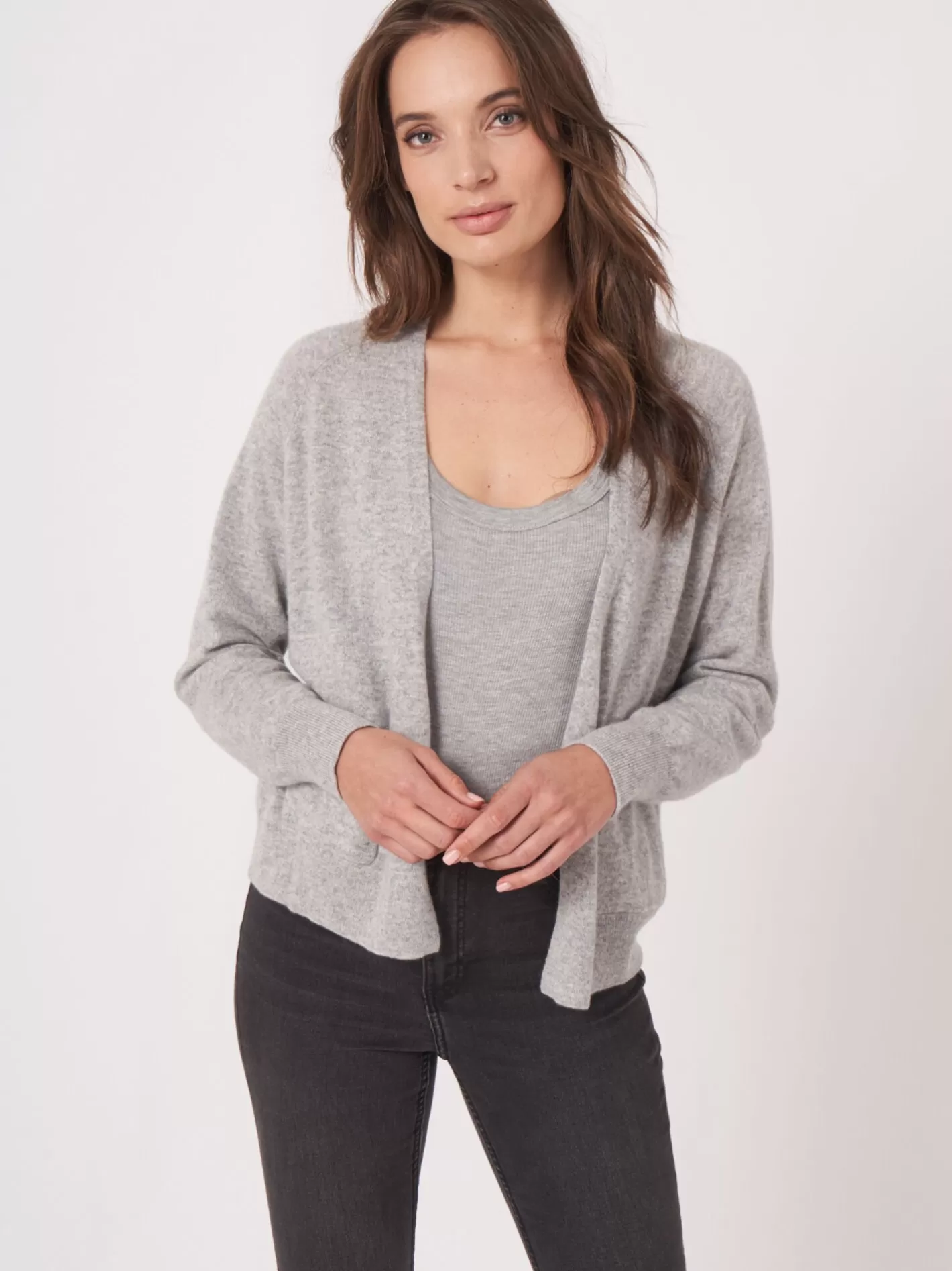 Organic Cashmere<REPEAT cashmere Open Front Cashmere Cardigan With Pockets Silver Grey