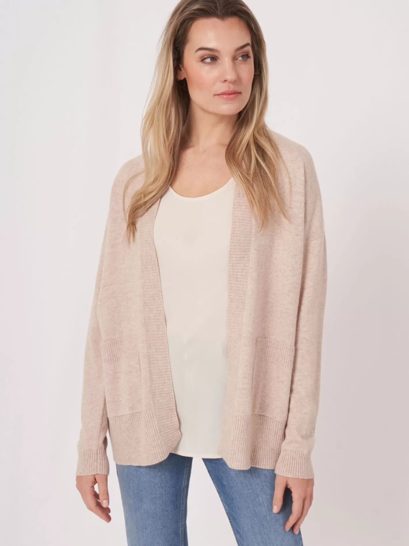 Organic Cashmere<REPEAT cashmere Open Front Cashmere Silk Blend Cardigan With Pockets Beige