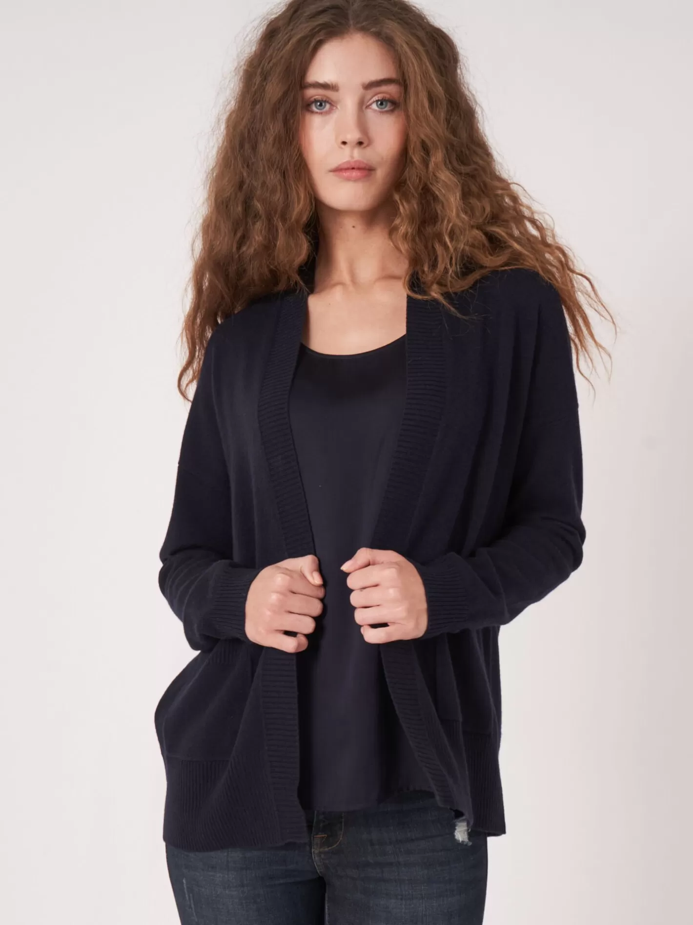 Organic Cashmere<REPEAT cashmere Open Front Cashmere Silk Blend Cardigan With Pockets Navy