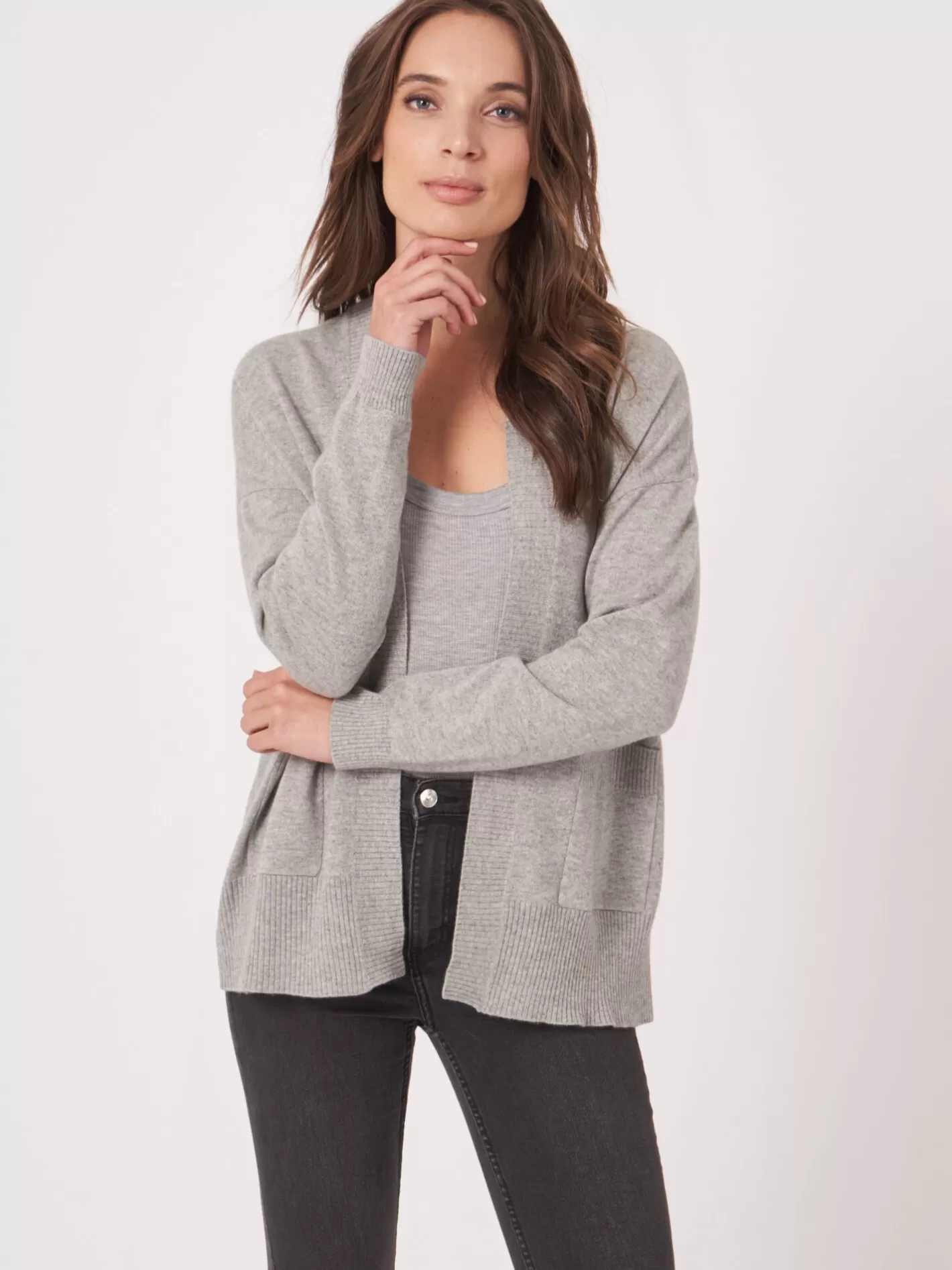 Organic Cashmere<REPEAT cashmere Open Front Cashmere Silk Blend Cardigan With Pockets Silver Grey