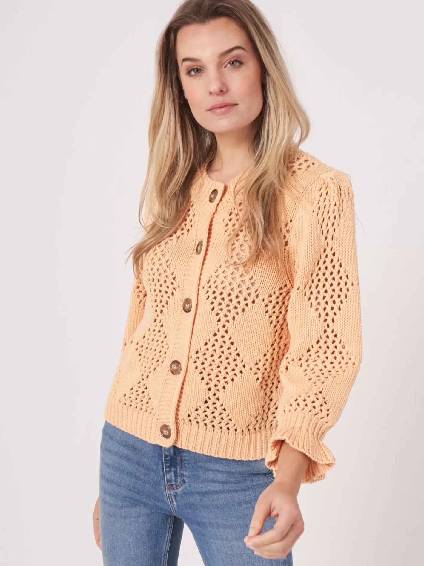 Cardigans<REPEAT cashmere Open Knit Cardigan With Diamond Pattern Glow