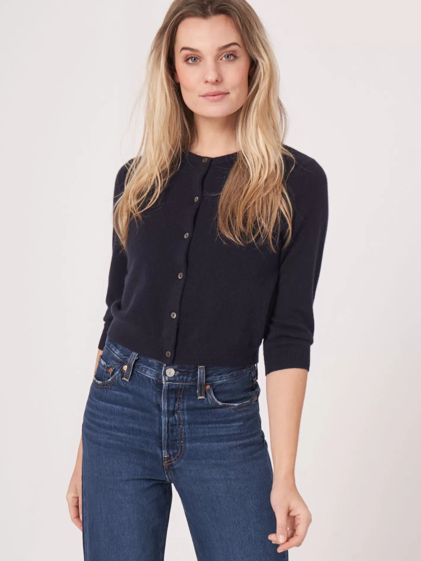 Organic Cashmere<REPEAT cashmere Organic Cashmere Cropped Cardigan With Round Neck Navy