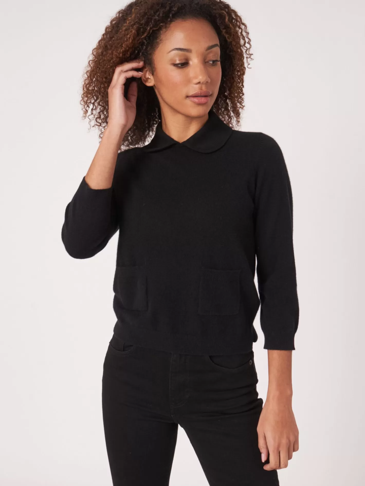 Organic Cashmere<REPEAT cashmere Organic Cashmere Jumper With Polo Neck And Front Pockets Black