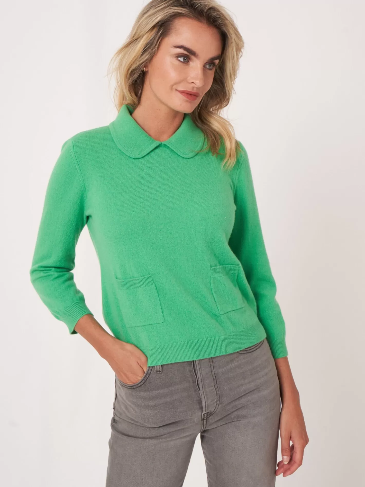 Organic Cashmere<REPEAT cashmere Organic Cashmere Jumper With Polo Neck And Front Pockets Basil