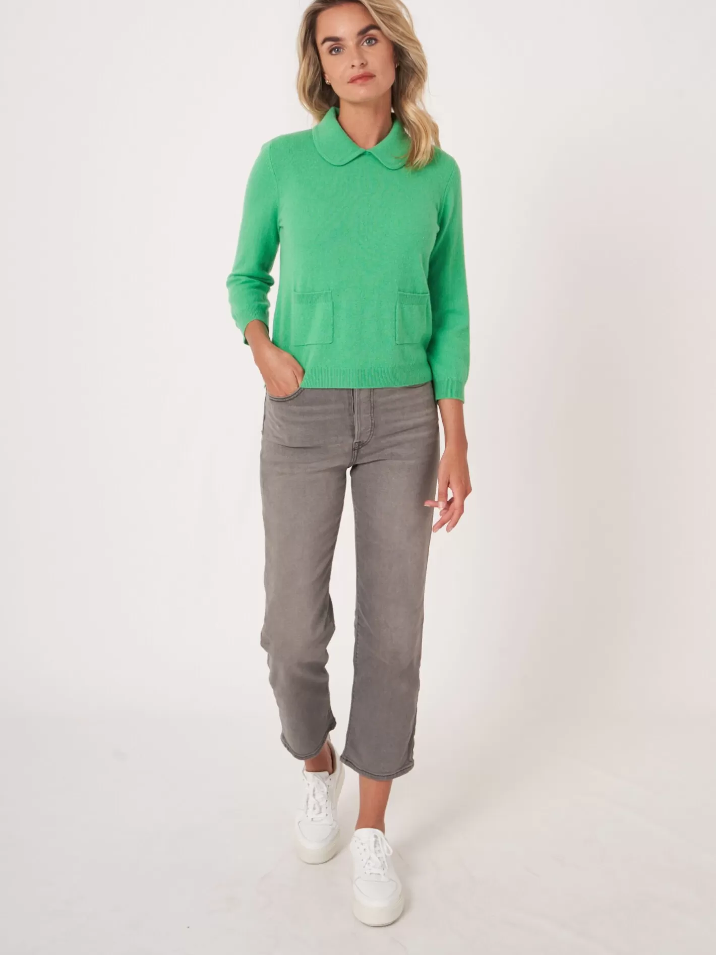 Organic Cashmere<REPEAT cashmere Organic Cashmere Jumper With Polo Neck And Front Pockets Basil