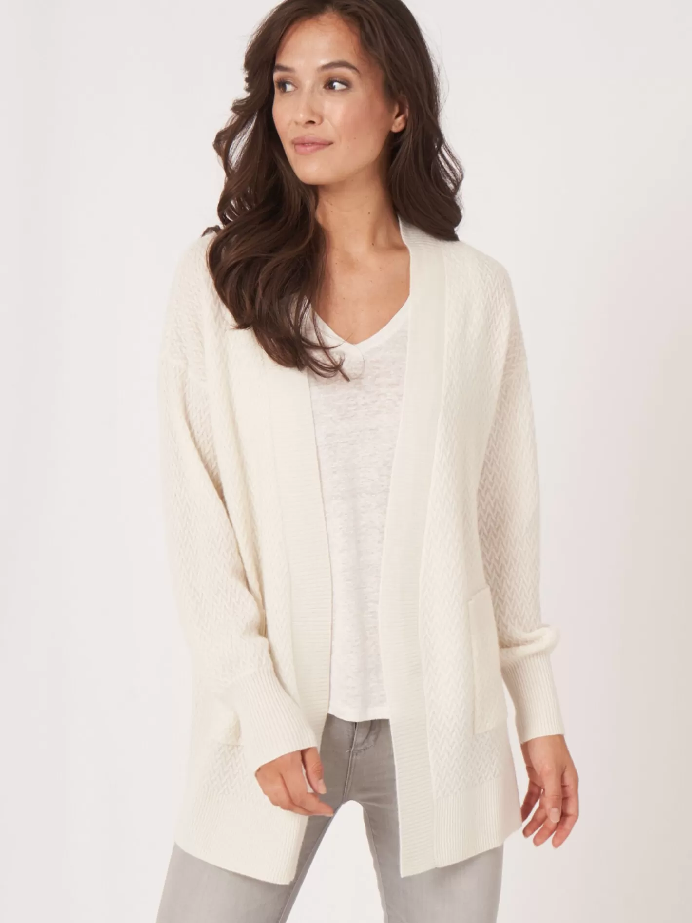 Organic Cashmere<REPEAT cashmere Organic Cashmere Open Cardigan With Fine Cable Knit Pattern Cream