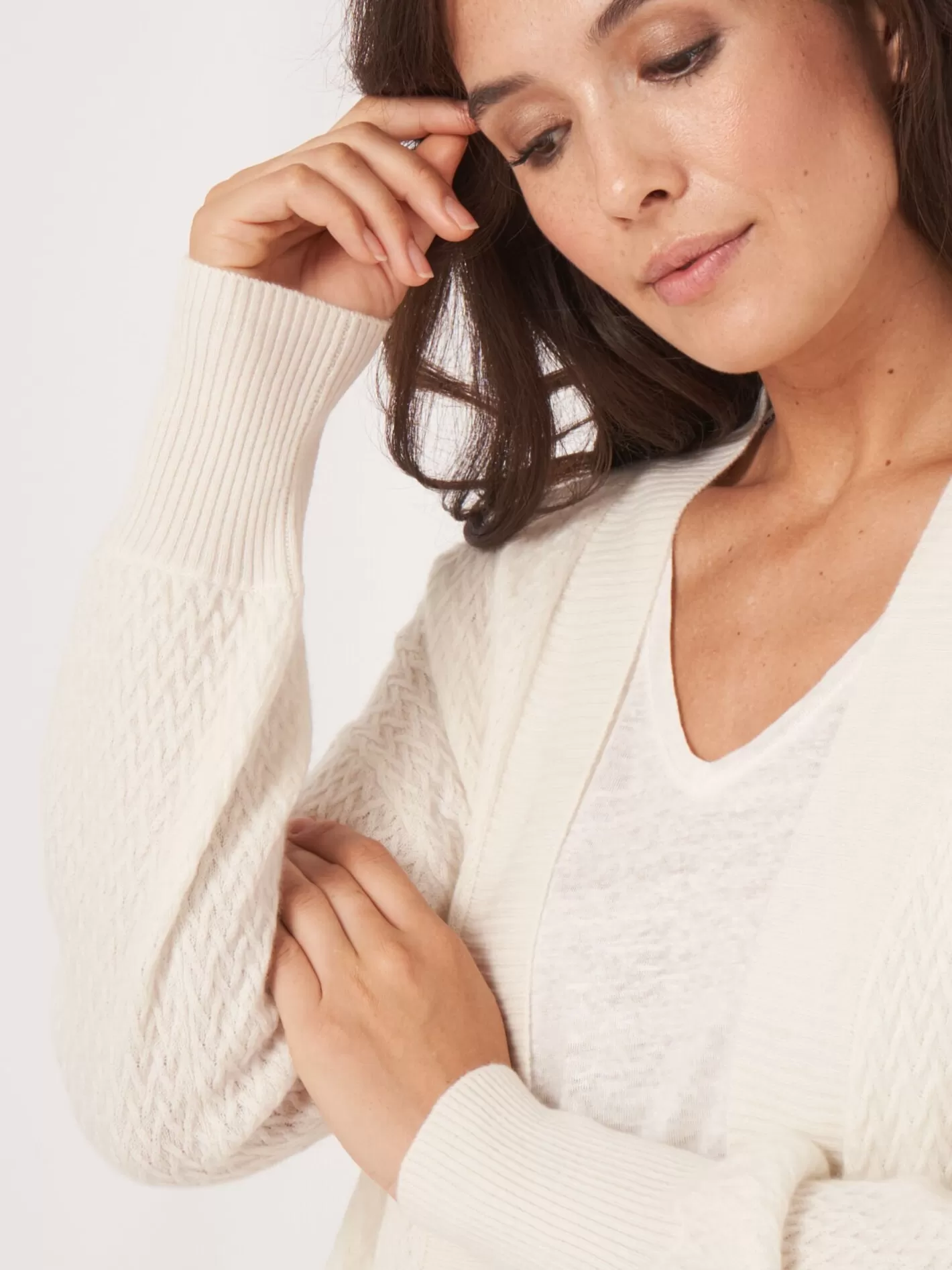 Organic Cashmere<REPEAT cashmere Organic Cashmere Open Cardigan With Fine Cable Knit Pattern Cream
