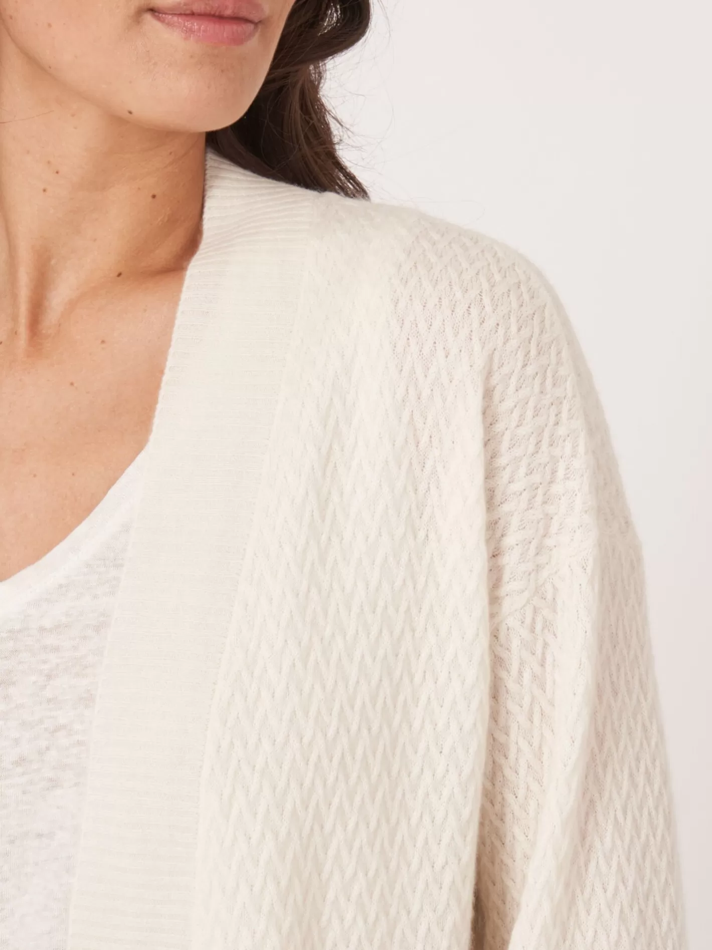 Organic Cashmere<REPEAT cashmere Organic Cashmere Open Cardigan With Fine Cable Knit Pattern Cream
