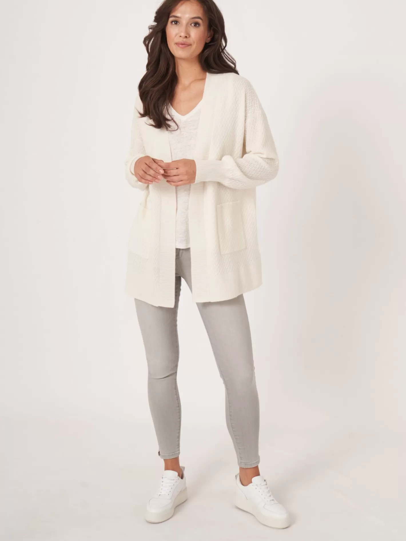 Organic Cashmere<REPEAT cashmere Organic Cashmere Open Cardigan With Fine Cable Knit Pattern Cream