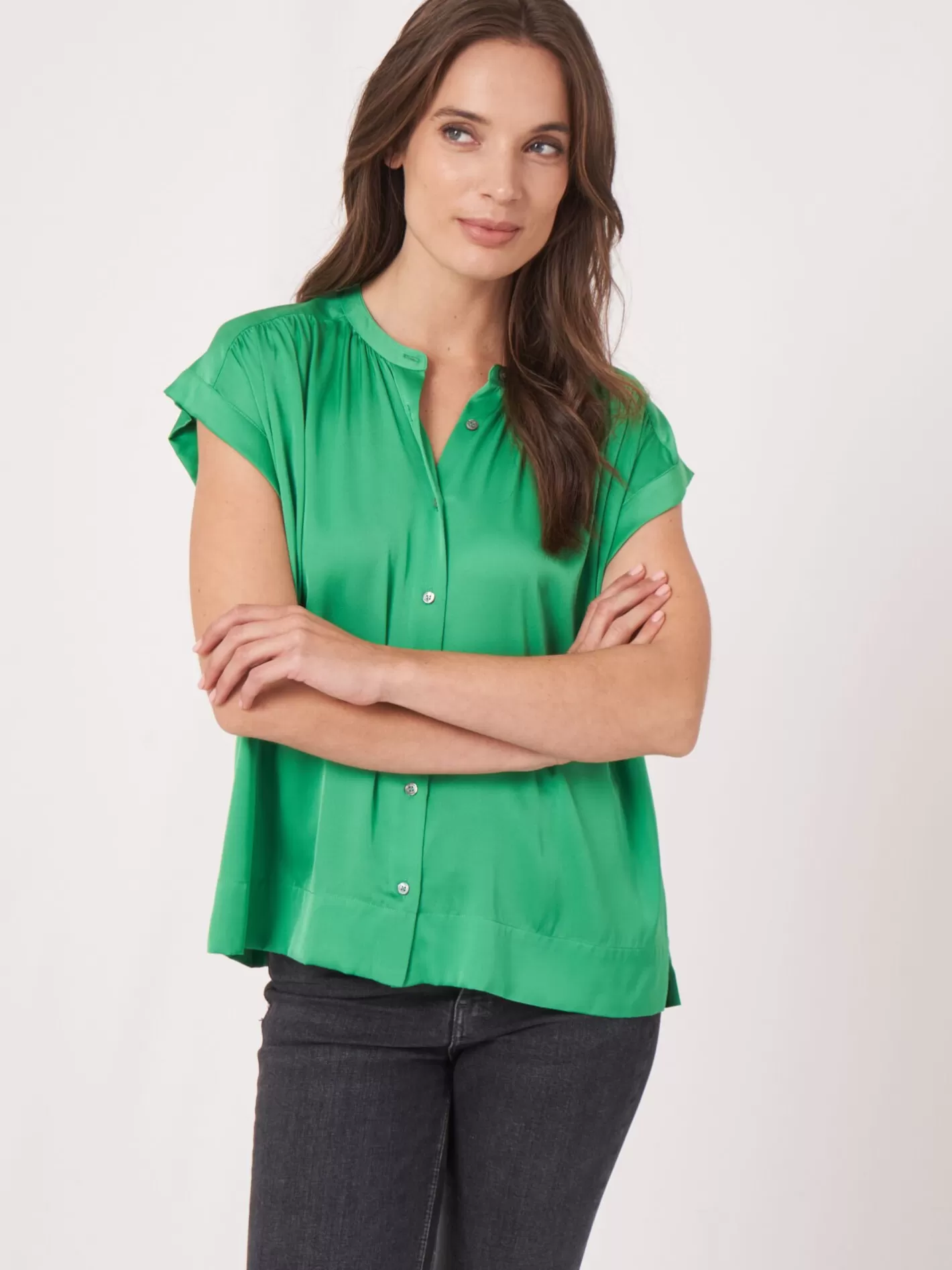 Tops<REPEAT cashmere Oversized Buttoned Silk Blouse Top Basil