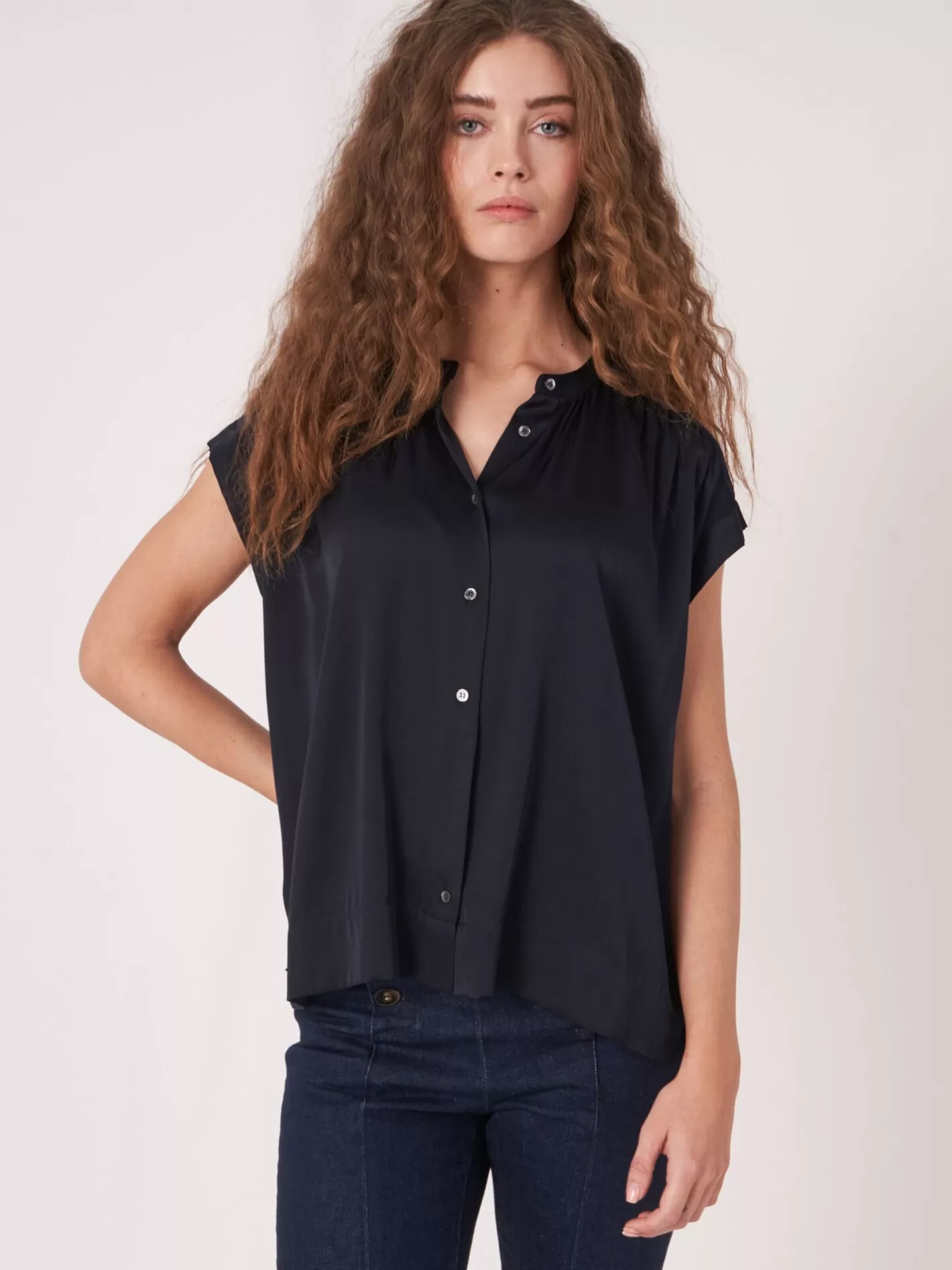 Blouses<REPEAT cashmere Oversized Buttoned Silk Blouse Top Navy