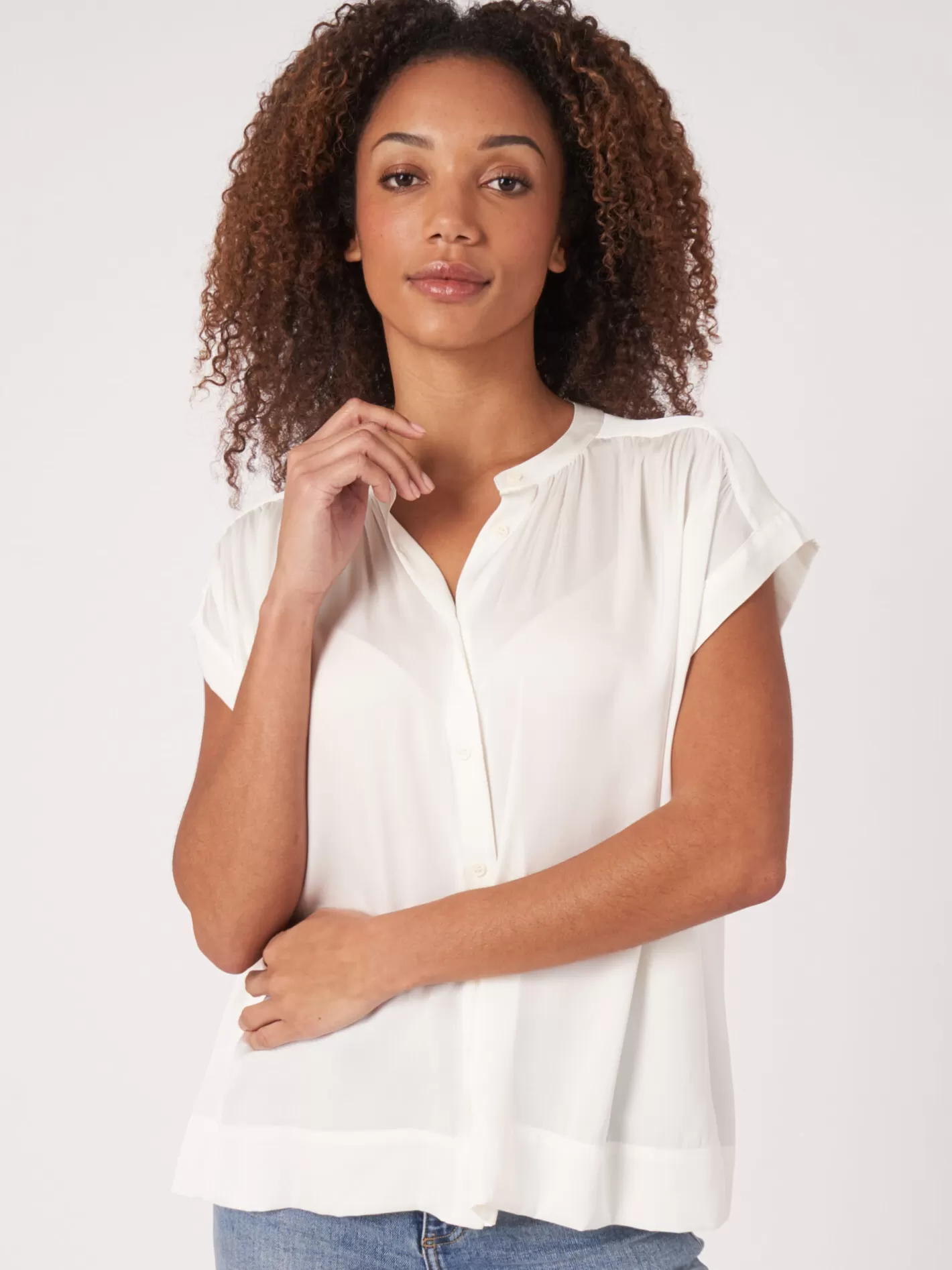 Blouses<REPEAT cashmere Oversized Buttoned Silk Blouse Top Cream