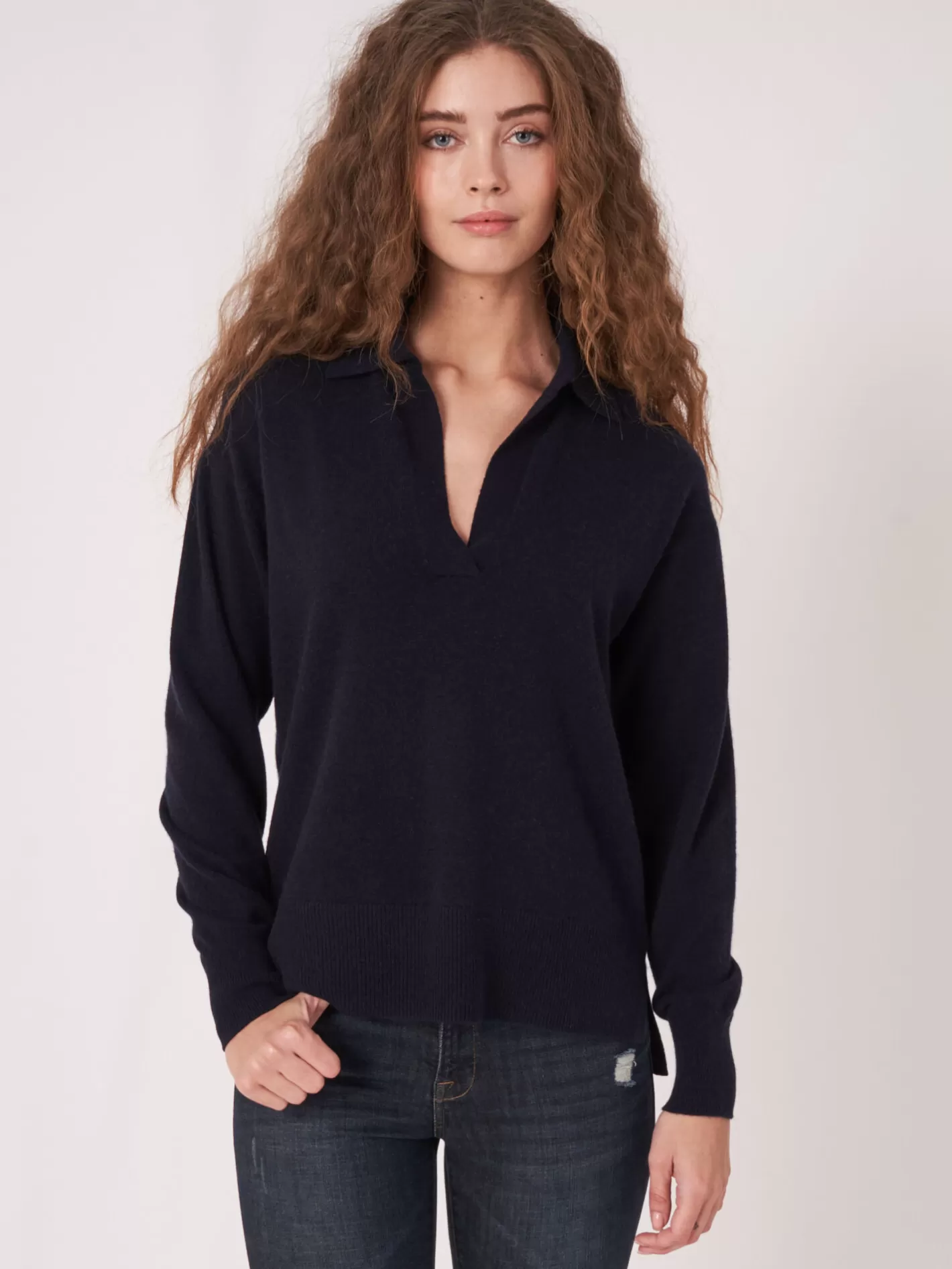 Organic Cashmere<REPEAT cashmere Polo Neck Organic Cashmere Sweater With Side Slits Navy